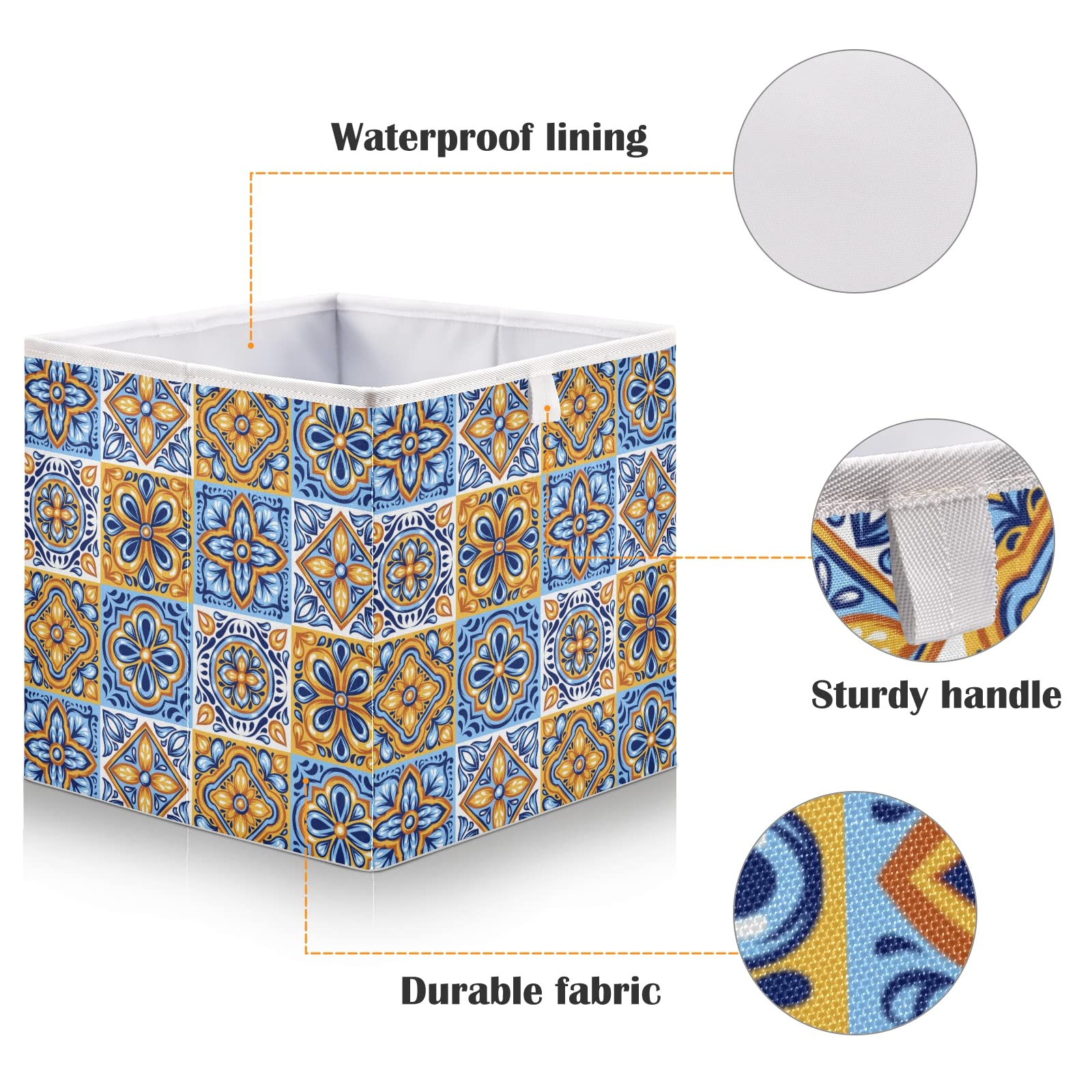 Italian Mexican Ceramic Tiles Blue Gold Orange Ethnic Folk Art Rectangular Storage Basket - Collapsible Foldable Organizer Bin for Toys, Clothes, Nursery | Easy to Assemble for Home Decor & Gift Giving