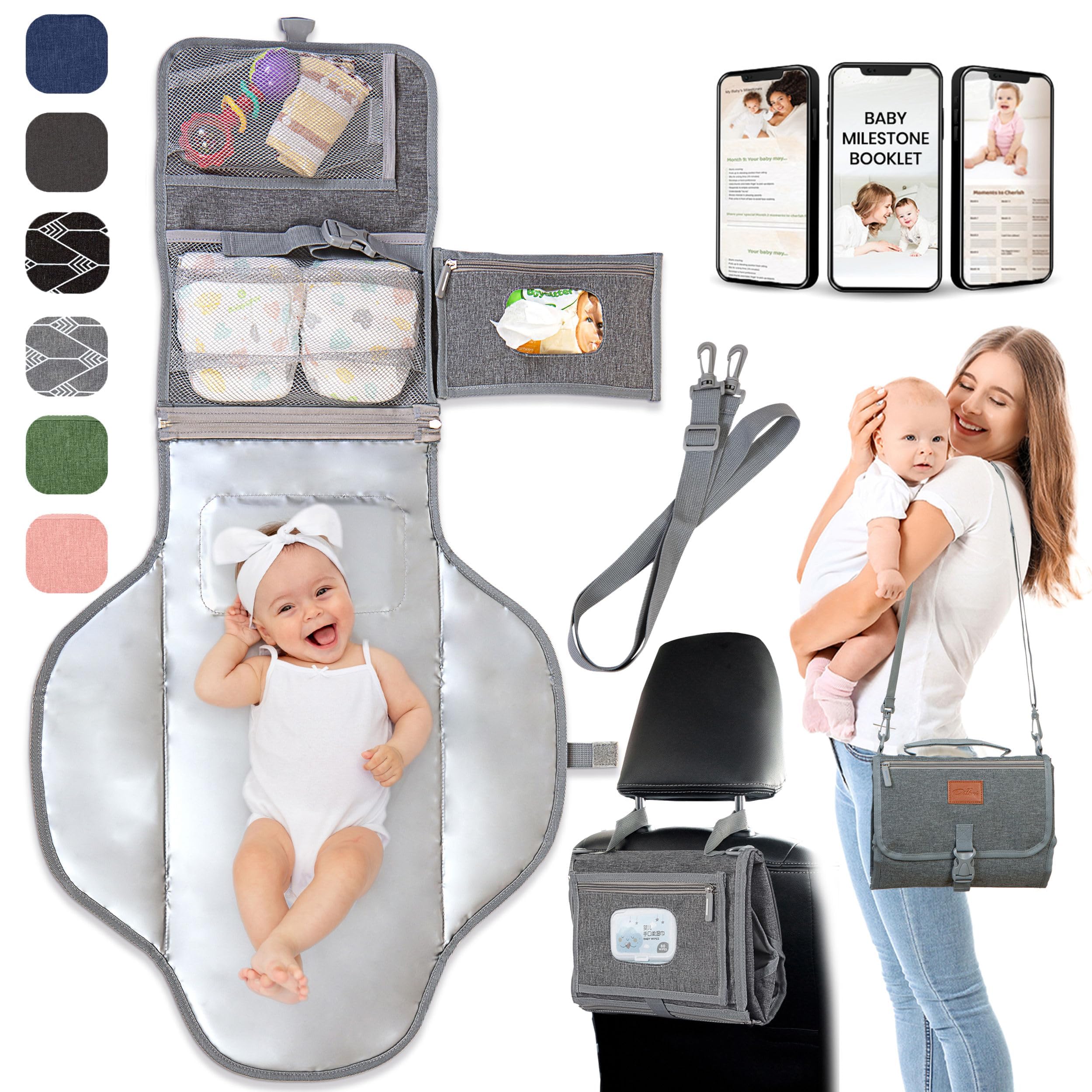Portable Baby Changing Pad - Soft Waterproof Travel Diaper Changing Mat with Wipes Pockets | Easy to Clean Newborn Essentials for Nursery, Diaper Bag & On-the-Go Parents | Perfect Baby Shower Gift & Registry Must-Have