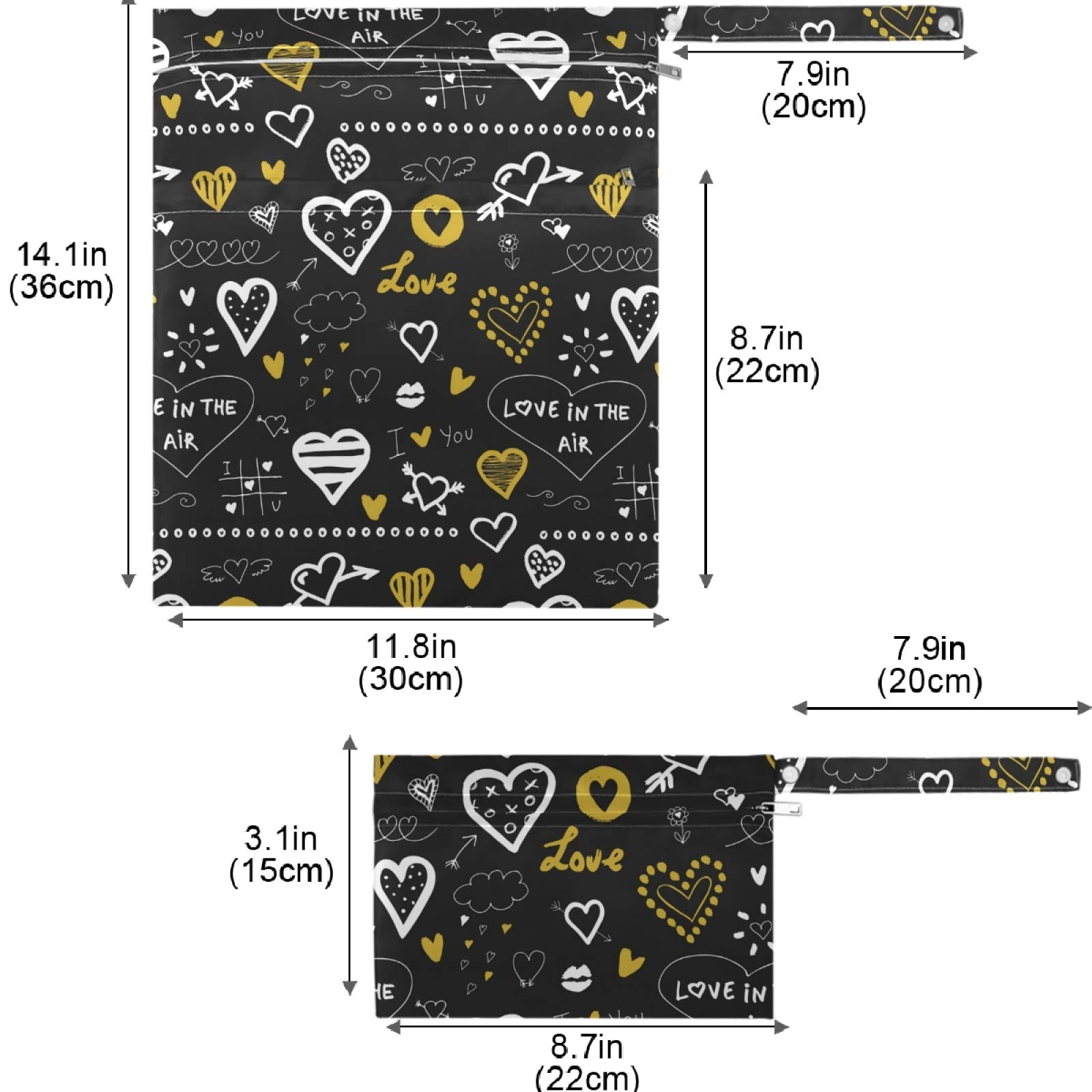 Visesunny Doodle Heart 2-Pack Waterproof Wet Bags with Zipper Pockets - Reusable Washable Storage Pouch for Travel, Beach, Pool, Gym, Daycare - Perfect for Wet Swimsuits, Diapers, Dirty Clothes & Toiletries - Great for Moms, Kids & Outdoor Activities