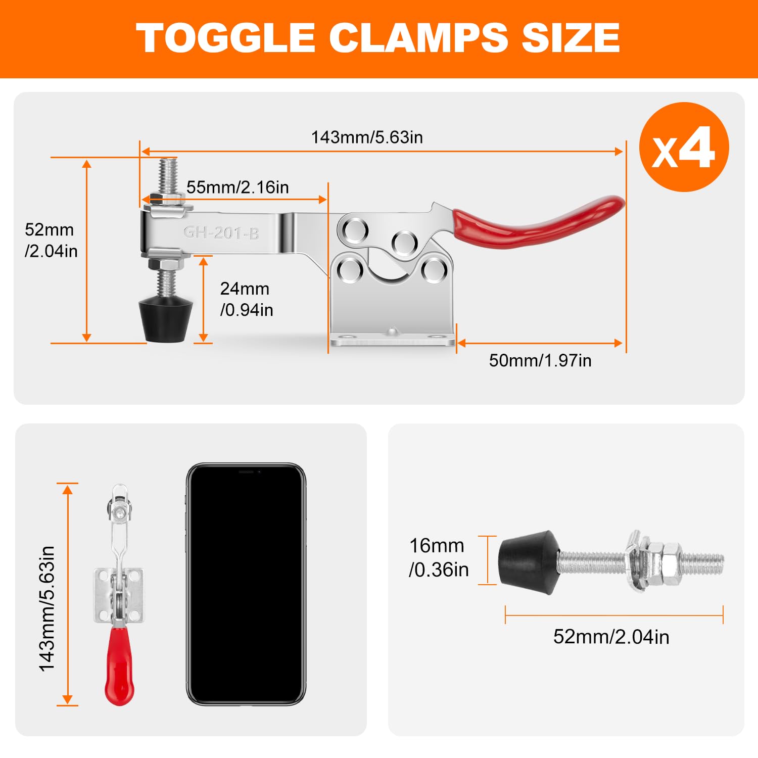 4 Pack Toggle Clamps 220Lbs Capacity - Quick Release Horizontal Hold Down Clamps with Rubber Tips for Woodworking, Welding, Drill Press & Crosscut Sled - Perfect for Jigs, Fixtures & DIY Projects