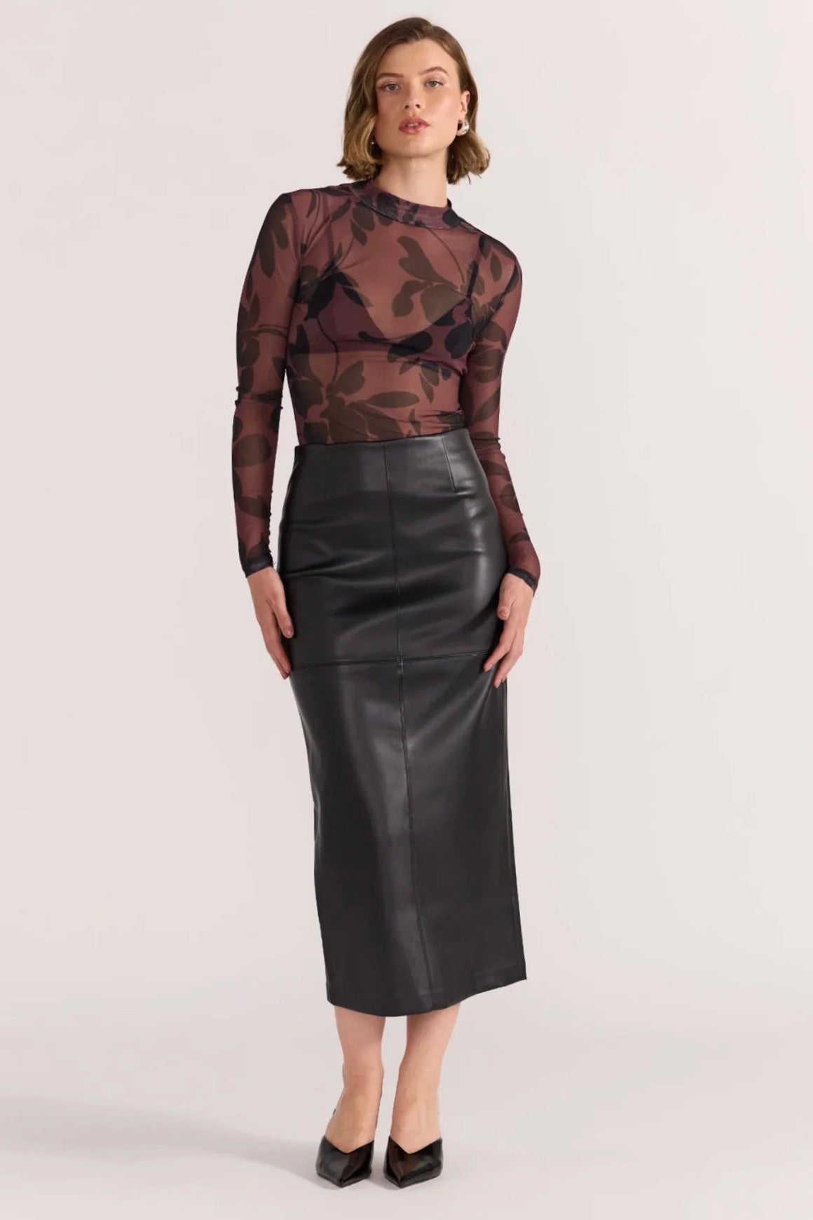 Edie Black Faux Leather Midi Skirt - Women's Stretchy High Waist Pencil Skirt for Office, Party & Night Out | Trendy Vegan Leather Fashion Skirt for Fall & Winter Outfits
