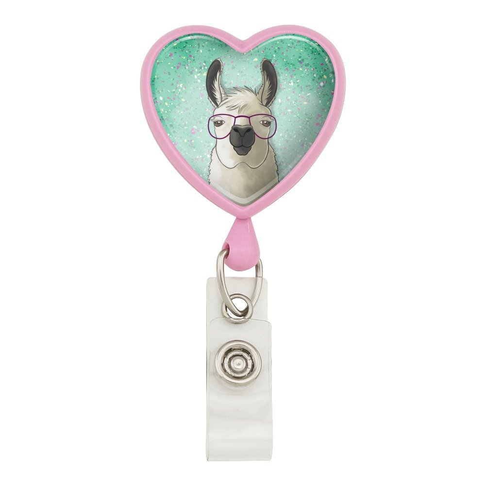 Retractable ID Badge Holder with Cute Hip Llama & Glasses Design - Pink Heart Lanyard for Work, School & Events | Durable Card Reel for Nurses, Teachers & Office Professionals