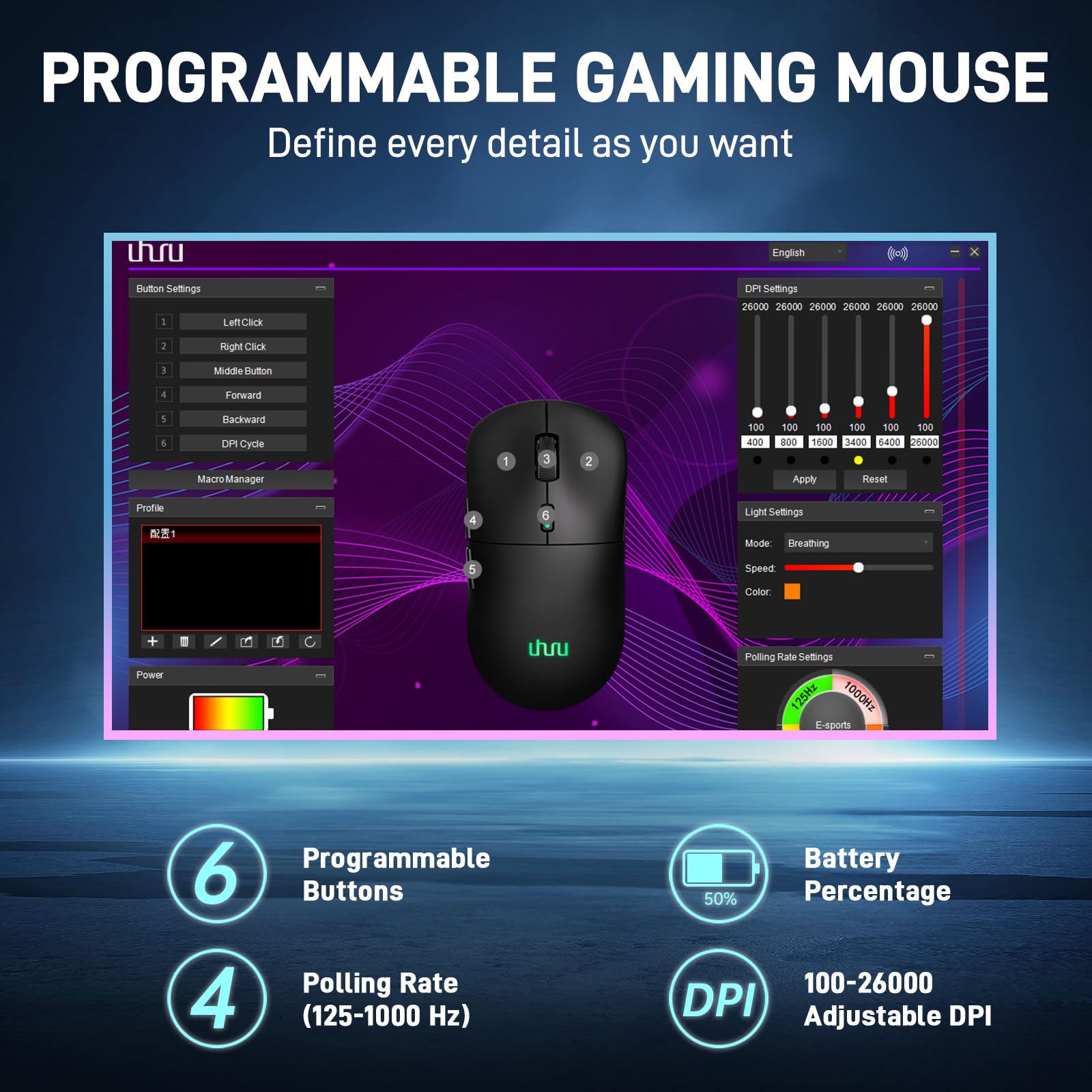 UHURU Wireless Gaming Mouse - 26000 DPI High Precision, RGB Backlit, 70H Battery Life, 2.4GHz & Wired Connection, 6 Programmable Buttons for PC/Mac (Black) - Perfect for FPS, MMO Gaming & Office Work
