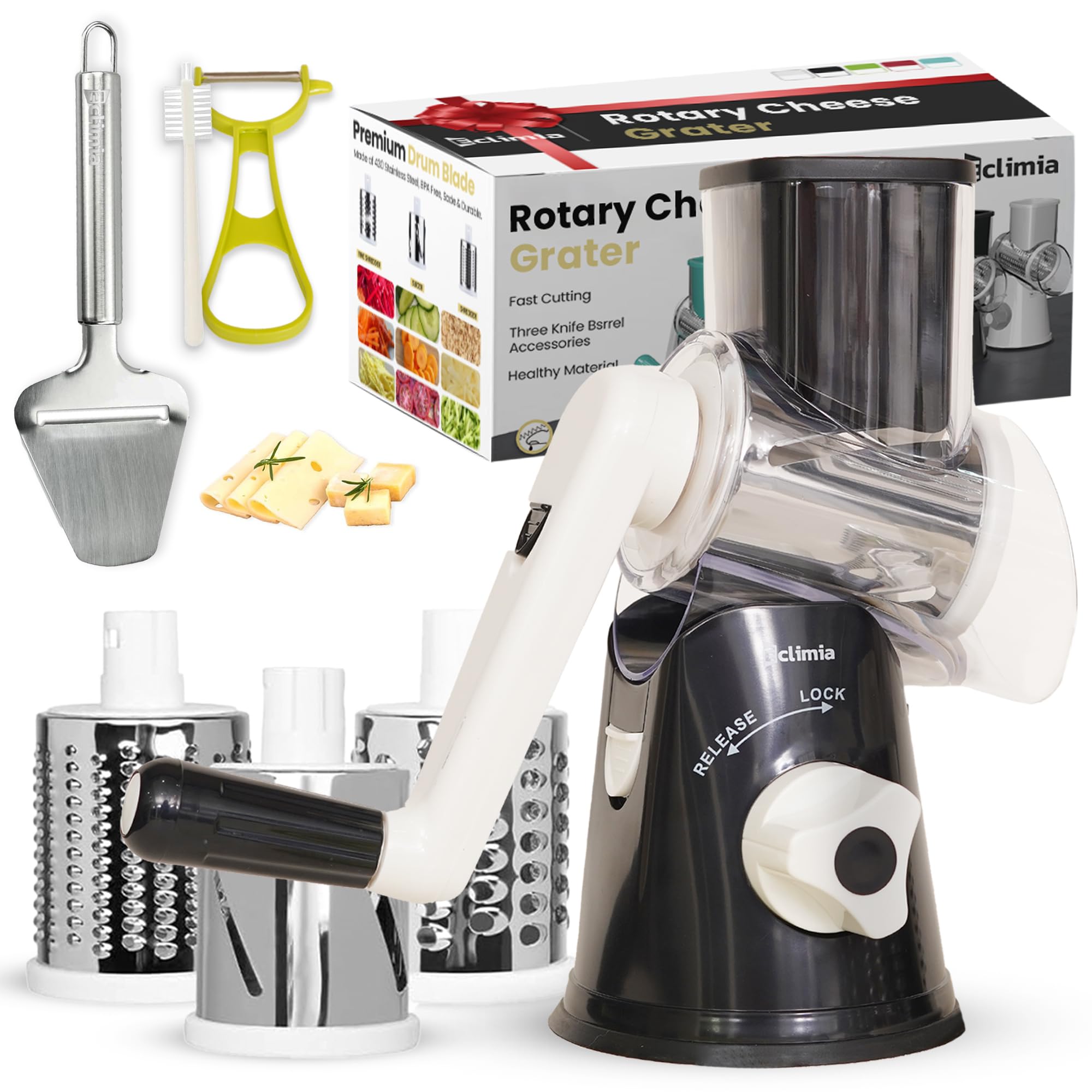 Premium Rotary Cheese Grater Set - 3-Blade Hand Crank Shredder with Suction Base, Cheese Knife, Peeler & Cleaning Brush - Perfect for Pizza, Pasta & Salad Prep - Ideal Kitchen Gift (Black)