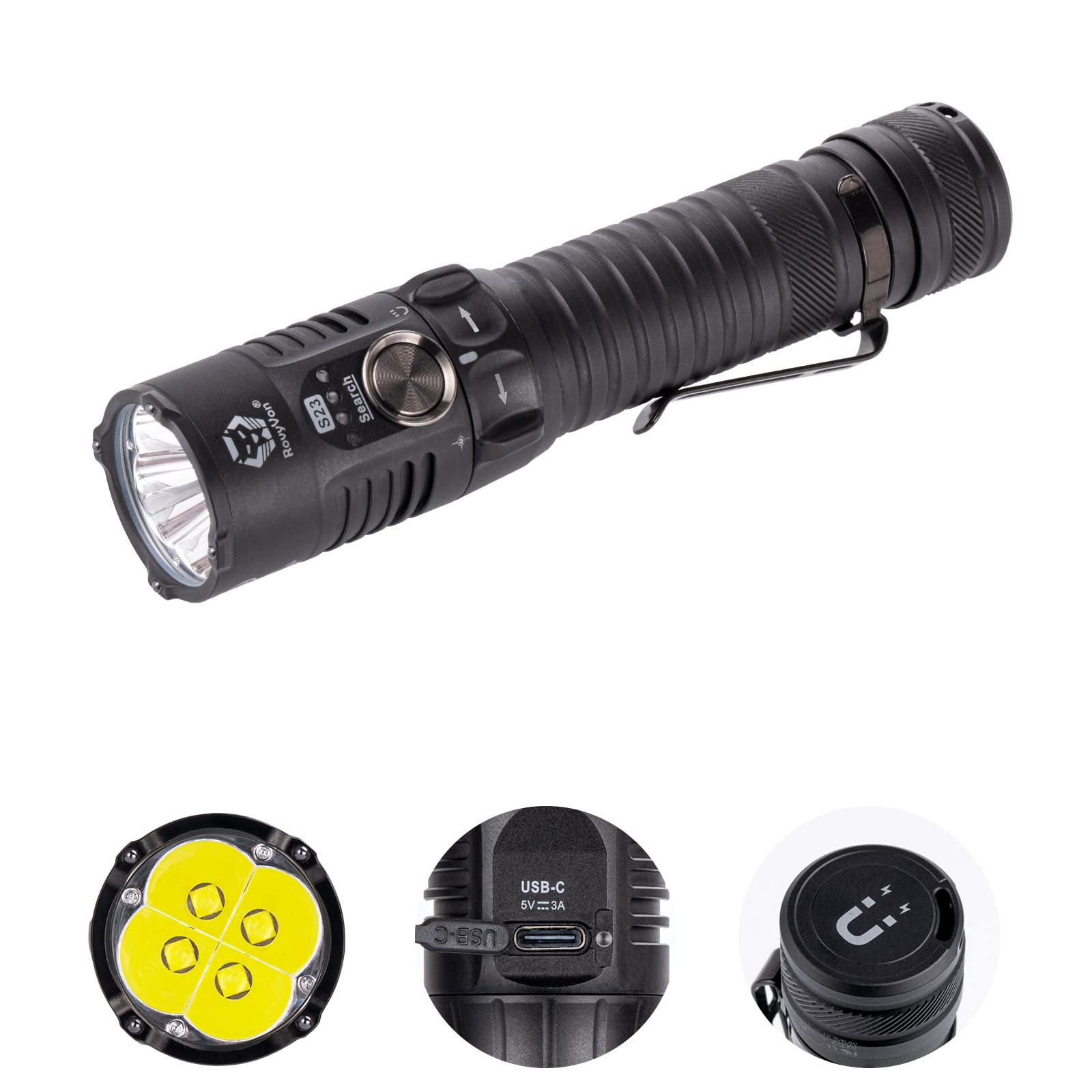 RovyVon S23 4000 Lumens USB-C Rechargeable EDC Flashlight - Super Bright 6500K Cool White LED, Magnetic Tail & Twist Switch for Outdoor, Camping, Hiking & Emergency Use (Black)
