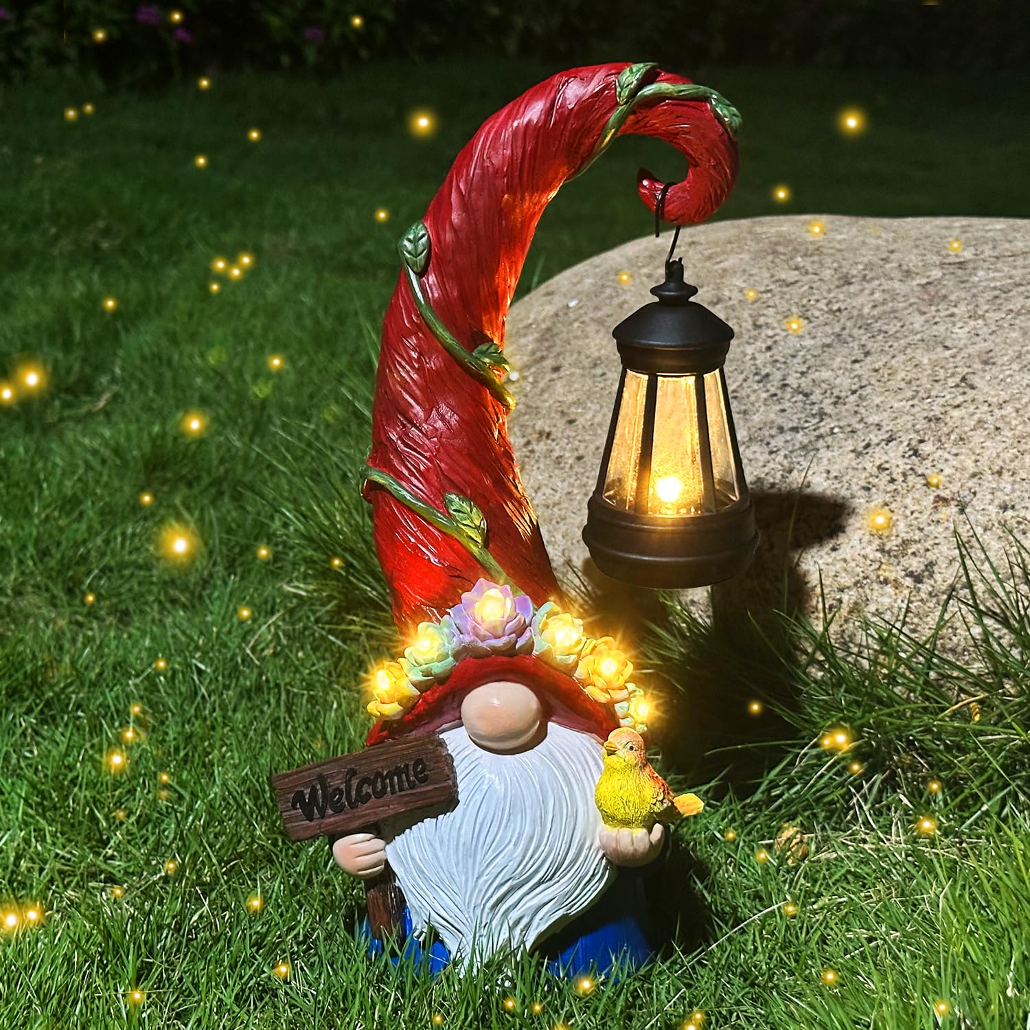 Solar Powered Gnome Garden Statue with Succulent Planter & 6 LED Lights - Waterproof Outdoor Decor for Balcony, Patio, Yard - Perfect Housewarming & Birthday Gift for Women, Mom, Grandma - Ideal for Garden Parties, Evening Ambiance & Landscape Lighting