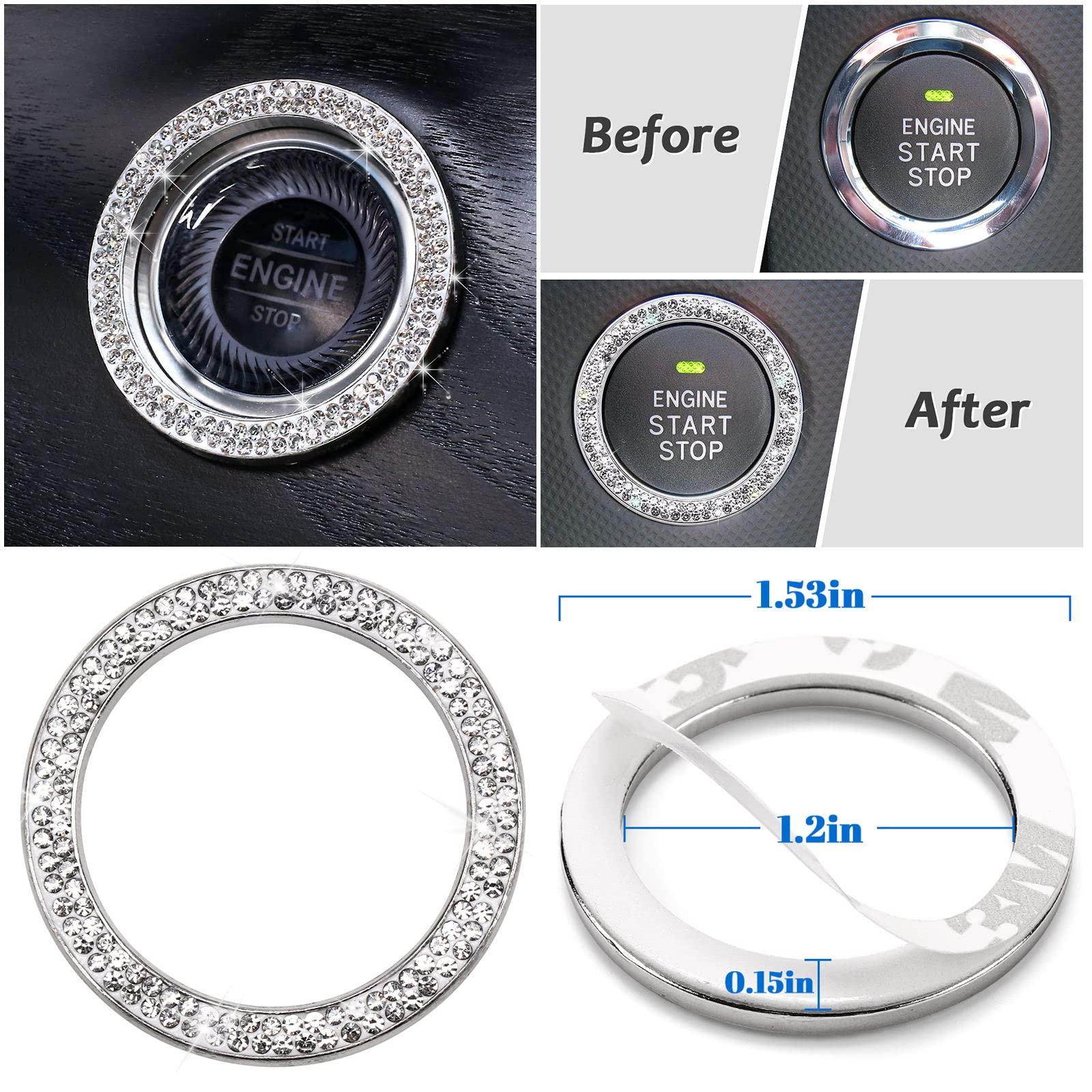 7-Pack Rhinestone Diamond Car Accessories for Women - Sparkly Steering Wheel Cover, Seat Belt Cushion, Shift Knob Cover, Push Start Button & Cup Coaster Set in Silver | Luxury Car Interior Decor & Gift Idea for Female Drivers