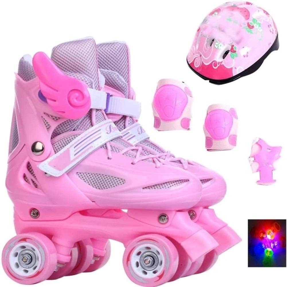 QL New Adjustable Double Row 4-Wheel Roller Skates for Kids Ages 3-11 - Pink A Size S (13.5-14.5cm) - Perfect for Outdoor Play, Birthday Gifts & Skating Lessons