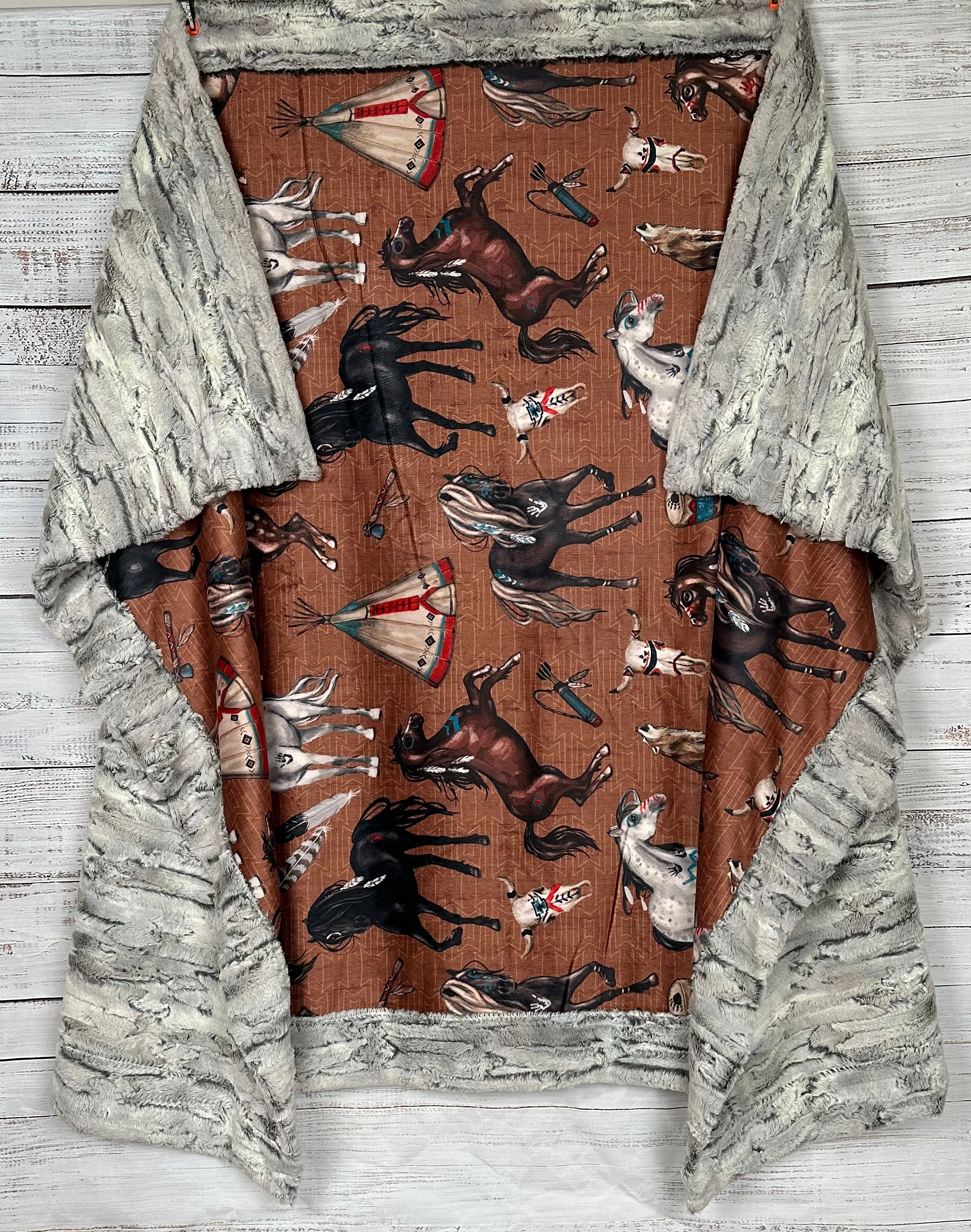 Premium Native American Horses Design Silver Fox Large 54x79 Inch Minky Blanket (Brown) - Ultra Soft & Cozy for Bedroom, Living Room, or Gift Giving - Spoonflower High Quality Fabric