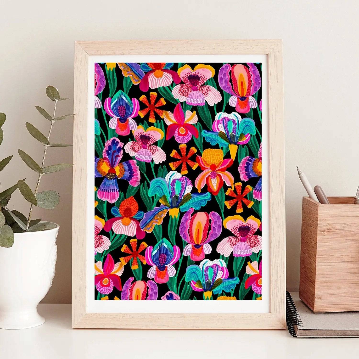 Beautiful Irises & Orchids Wall Art Print - Floral Canvas Painting for Home & Office Decor - Perfect for Living Room, Bedroom, and Office Spaces