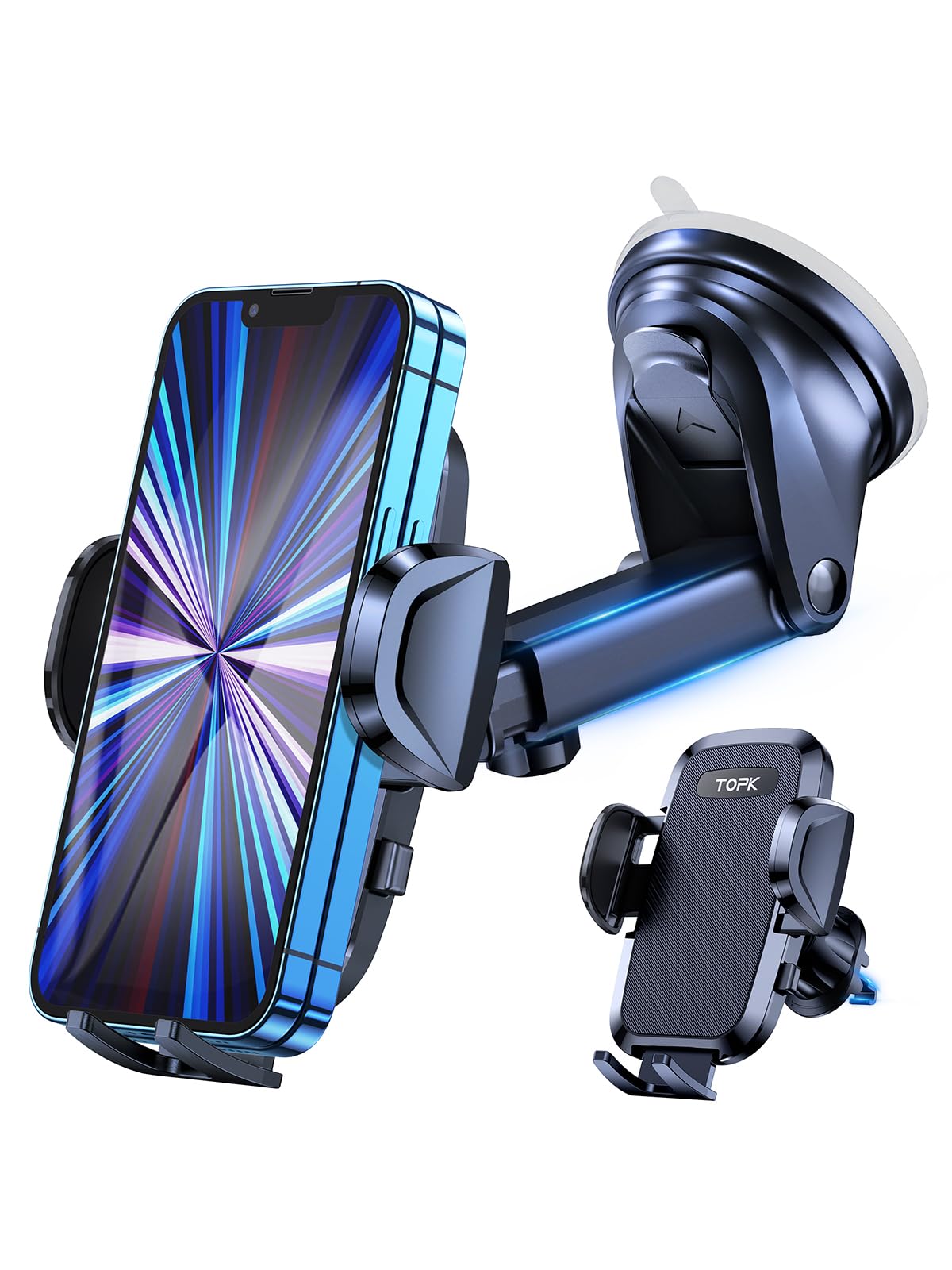 TOPK 2023 Military-Grade 4-in-1 Car Phone Holder - Super Stable Dashboard/Windscreen/Air Vent Mount with Strong Suction & Hook, Universal Fit for All Smartphones - Perfect for Road Trips, Commuting & GPS Navigation