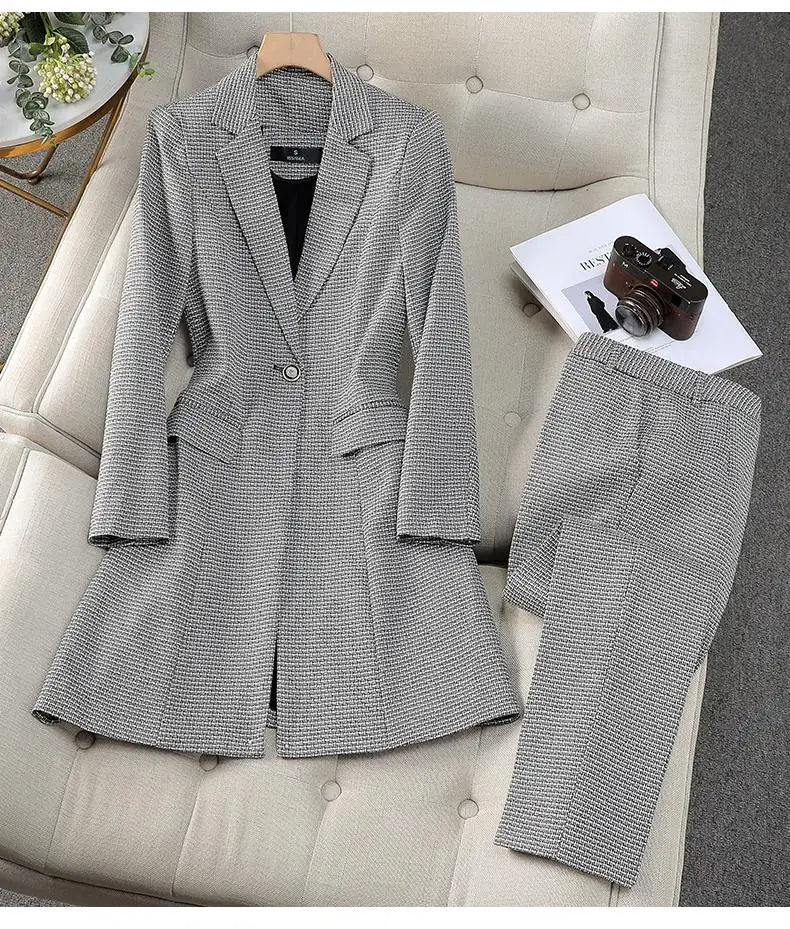 Women's Autumn Winter Formal Office Business Suit Set - Slim Fit Plaid Blazer & High Waist Ankle Pants | Professional Work Attire for Business Meetings & Corporate Events