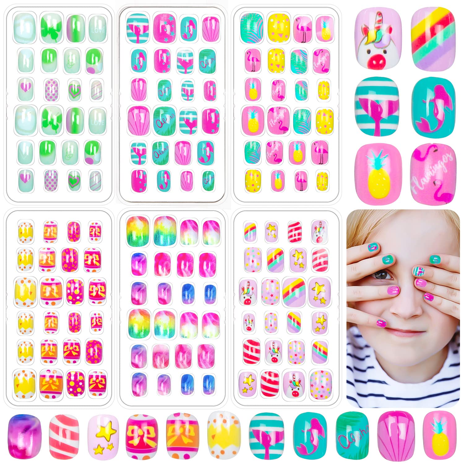 144 Pieces Kids Press on Nails - Short Acrylic Fake Nails for Girls with Lovely Patterns | Full Cover Artificial Nail Tips Kit | Perfect for Birthday Parties, Playdates & Nail Art Fun