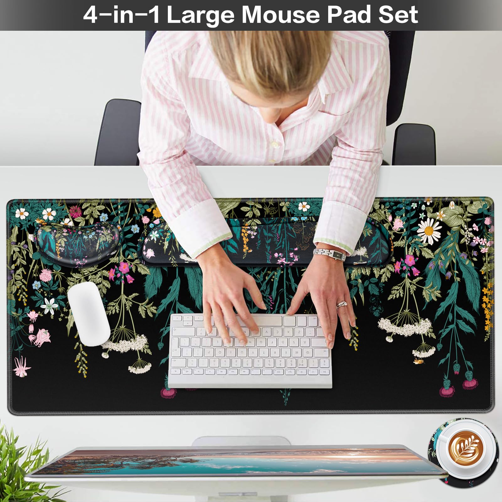 QOMOLAMA 4-in-1 Gaming Mouse Pad Set - 35.4×15.7in Large Mouse Pad with Keyboard & Mouse Wrist Rests, Coasters - Ergonomic, Non-Slip, Waterproof Desk Mat for PC, Laptop, Office & Gaming Setup