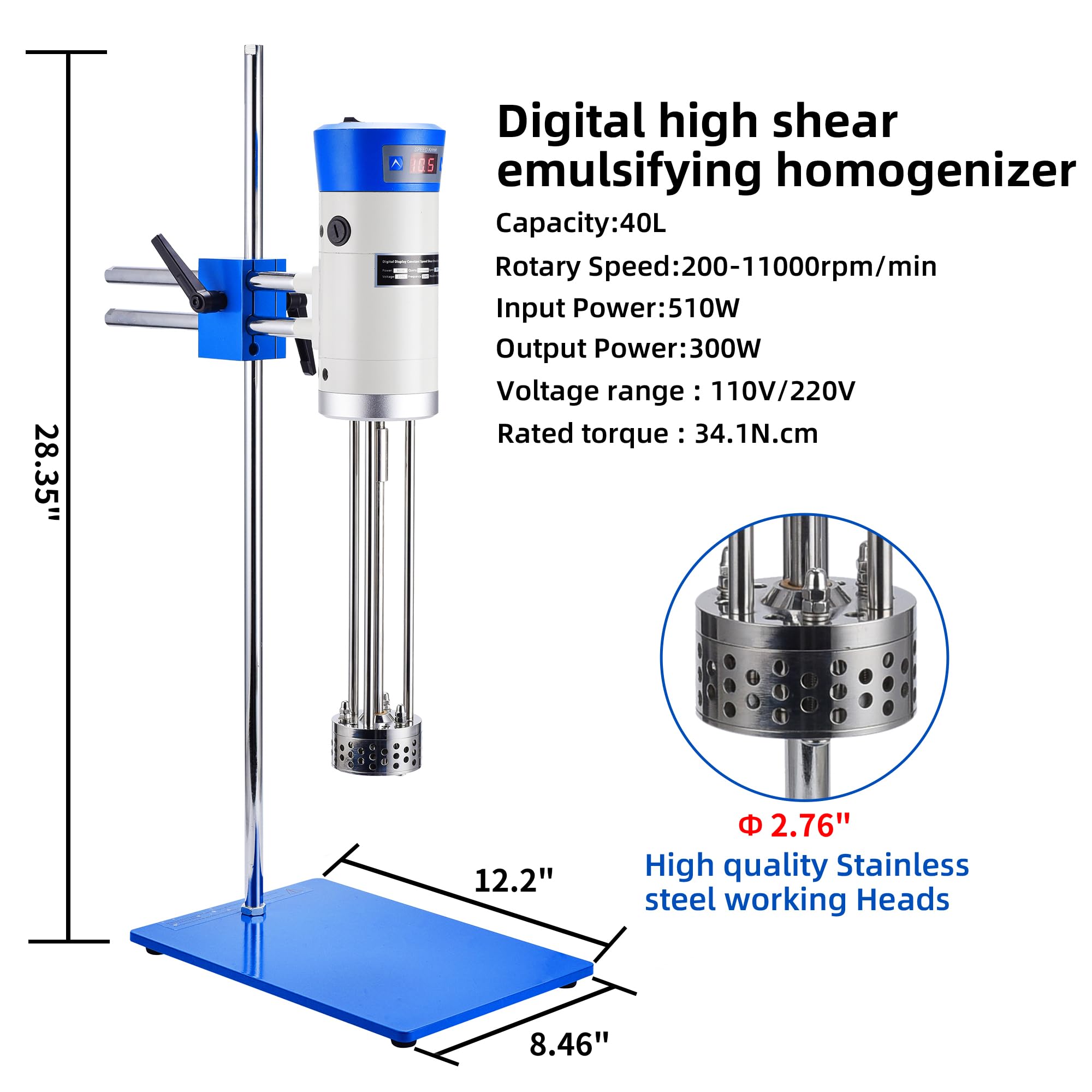 High Speed Digital Dispersing Homogenizer Emulsifier - 40L Capacity, 200-11000 RPM, 510W, 110V - Perfect for Cosmetics, Food & Paints Industry - Ideal for Lab Mixing, Industrial Production & Quality Control