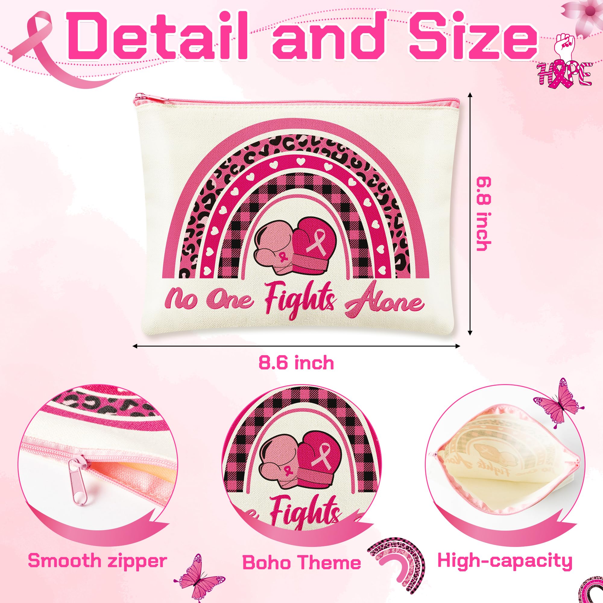 12PCS Breast Cancer Awareness Gift Set - 6 Boho Rainbow Makeup Bags & 6 Pink Ribbon Keychains - Inspirational Survivor Gifts for Women - Perfect for Fundraisers, Support Groups & Awareness Events