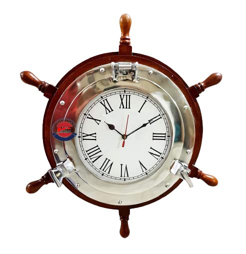Antique Marine 24 Inch Wooden Ship Wheel Clock - Nautical Wall Decor for Living Room, Bedroom & Office - Perfect Coastal Home Decor Gift