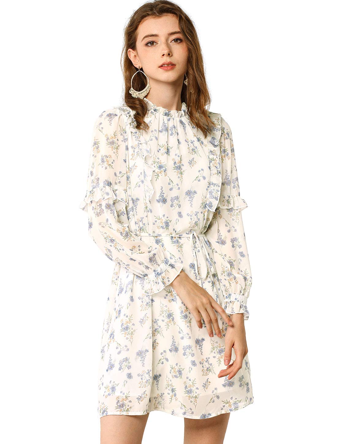 Allegra K Women's Floral Chiffon Dress with Ruffle Mock Neck & Tie Waist - Elegant Swing Dress for Party, Wedding & Special Occasions