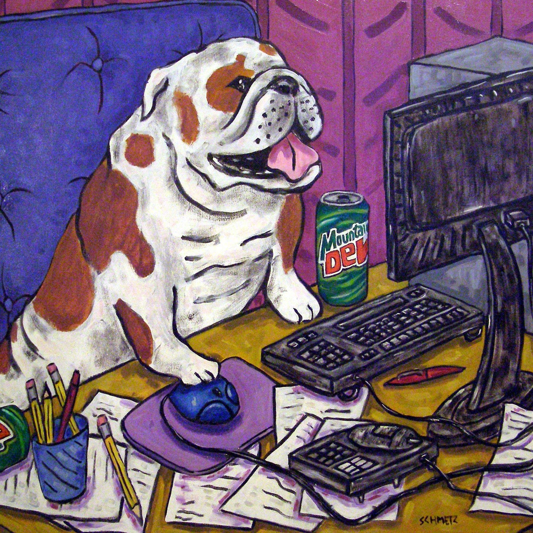 Bulldog Working on Computer Art Tile Coaster Set - Unique Gift for Office, Home & Coffee Lovers - Perfect for Desks, Coffee Tables & Gamer Setups