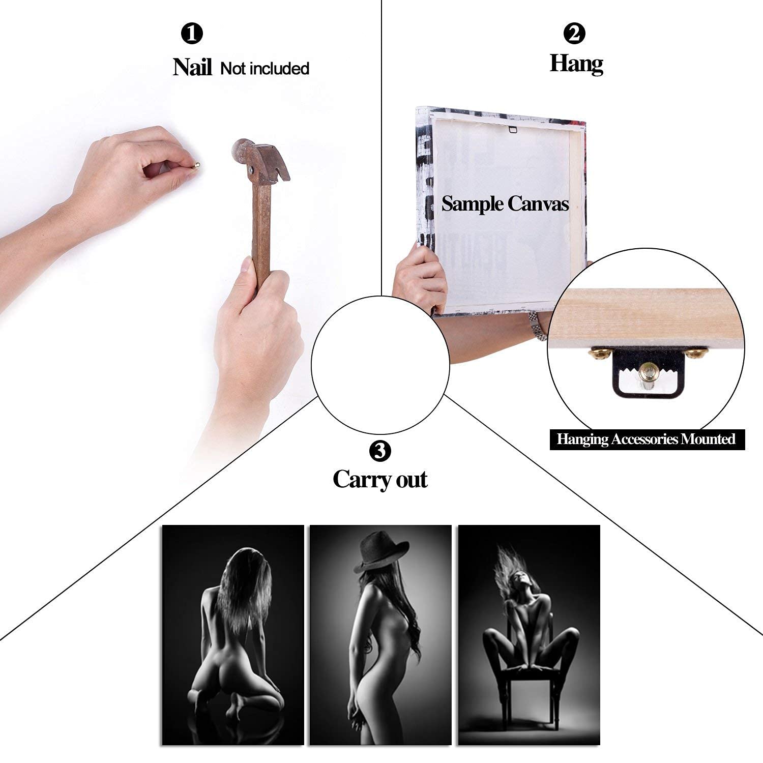 Modern Abstract Nude Woman Canvas Wall Art Set - 3 Piece Black & White Framed Prints (24