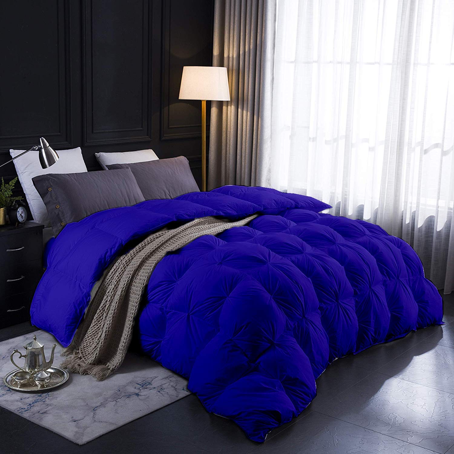 Premium 500 GSM Pinch Pleated Comforter - 100% Long Staple Combed Cotton - Royal Blue Queen/Full Size Ultra Soft Vintage Pin Tuck Bedding - Elegant Chic Comforter for Cozy Bedroom Decor & Guest Room Styling