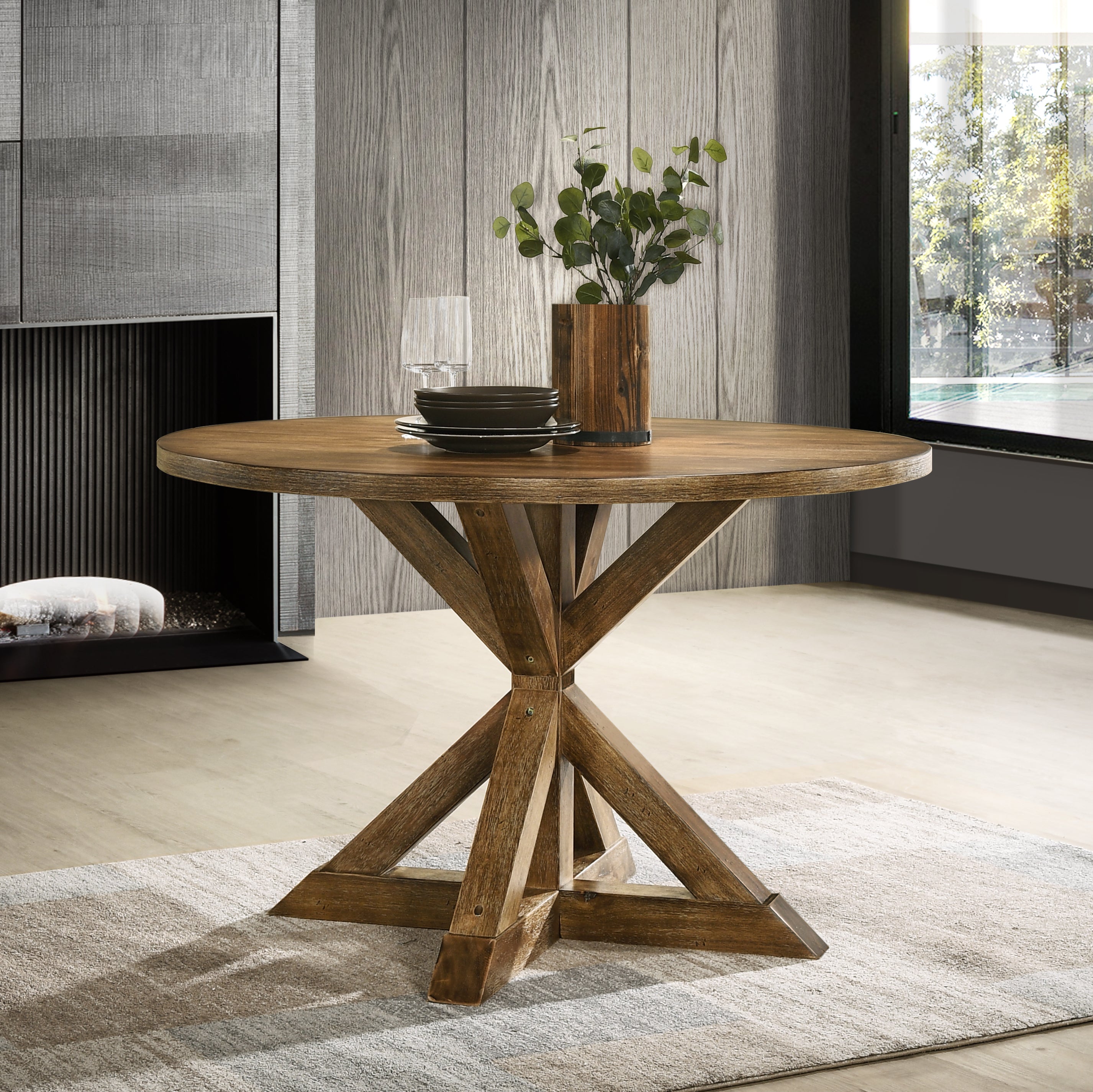 Roundhill Furniture Windvale Cross Buck Base Dining Table - Solid Wood Farmhouse Style Dining Table for Kitchen, Dining Room & Outdoor Entertaining