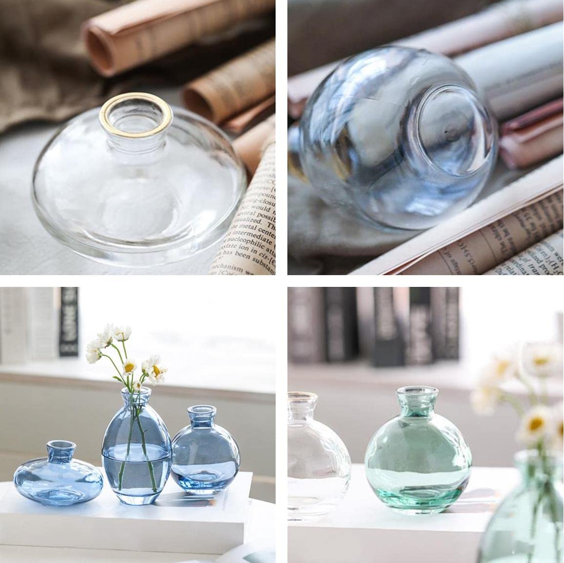 Glass Bud Vase Set of 3 - Mini Flower Vases for Home Decor, Modern Blue Glass Vases for Table Centerpiece, Wedding, Party & Office Decoration