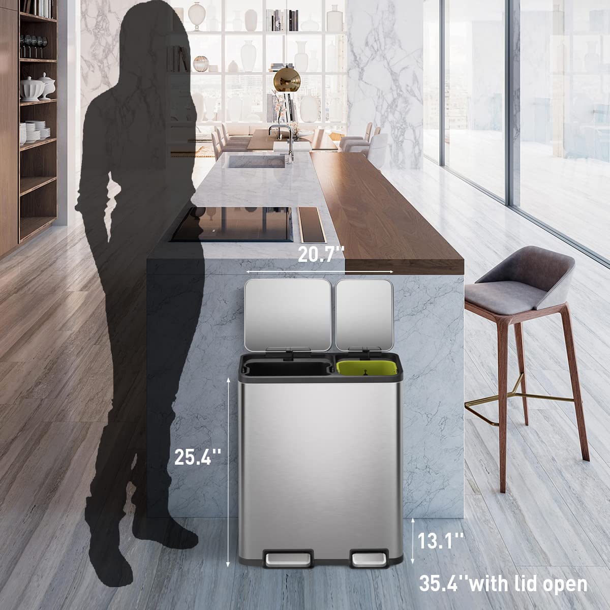 EKO EcoCasa 30L+20L Stainless Steel Dual Compartment Recycling Trash Can - Rectangular Kitchen Waste Bin with Independent Pedals & Soft-Close Lids, Fingerprint Resistant - Perfect for Eco-Friendly Homes, Office Break Rooms & Restaurant Kitchens