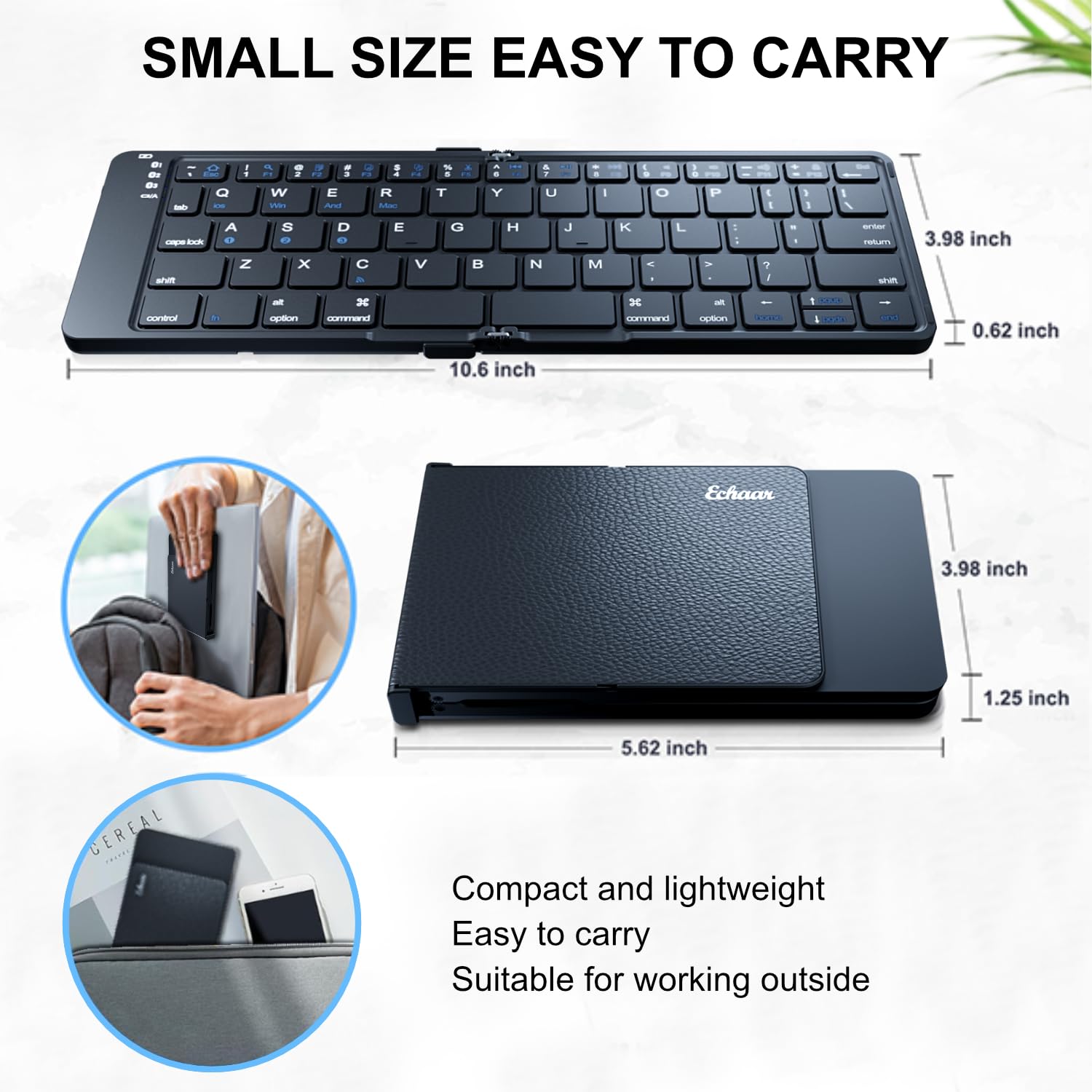 Portable Folding Wireless Bluetooth Keyboard - Ultra-Thin USB-C Rechargeable for iOS Android Windows Mac | Multi-Device Compatible with Smartphone Tablet Laptop | Compact Travel & Business Keyboard for Office, Home, Coffee Shop (Black)