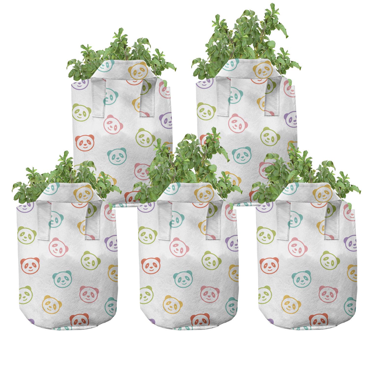 Ambesonne 5-Pack Cartoon Grow Bags with Funny Panda Bear Design - Heavy Duty Fabric Plant Pots with Handles for Indoor/Outdoor Gardening - Multicolor for Flowers, Vegetables & Herbs