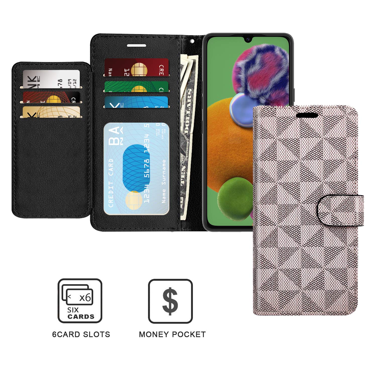 Samsung Galaxy A90 5G Wallet Case - RFID Blocking PU Leather Flip Folio Stand Cover with Card Slots (Beige Checker) | Perfect for Daily Use, Travel & Business Meetings