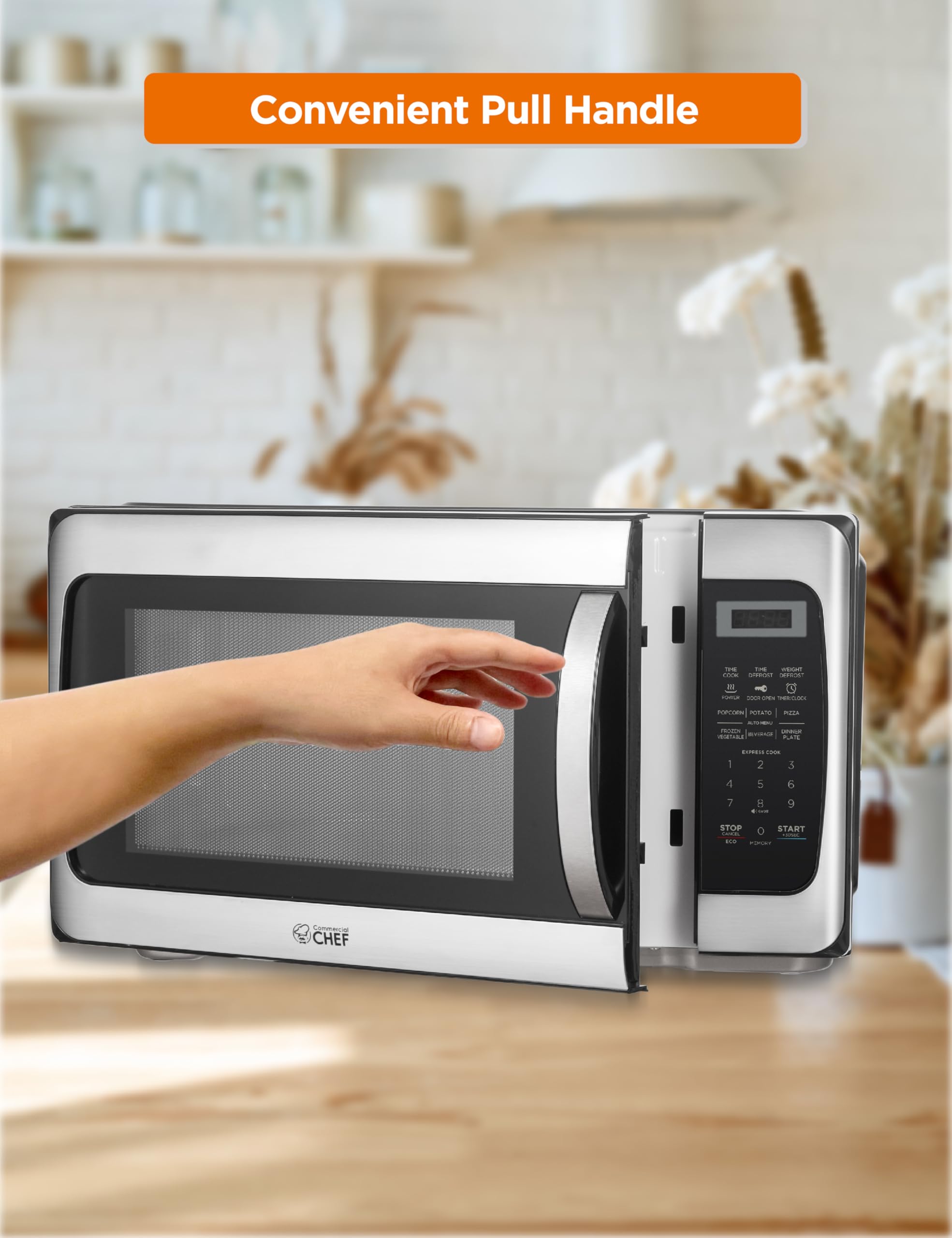 Commercial Chef 1.1 Cu Ft 1000W Countertop Microwave - 10 Power Levels, Push Button Door Lock, Digital Controls & Turntable - Stainless Steel - Perfect for Home Kitchens, Offices & Dorm Rooms