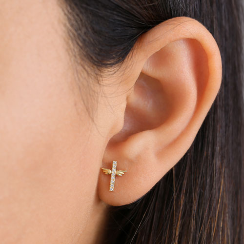 14K Yellow Gold Winged Cross CZ Stud Earrings for Women - Hypoallergenic Cubic Zirconia Jewelry - Perfect for Church, Weddings & Everyday Wear