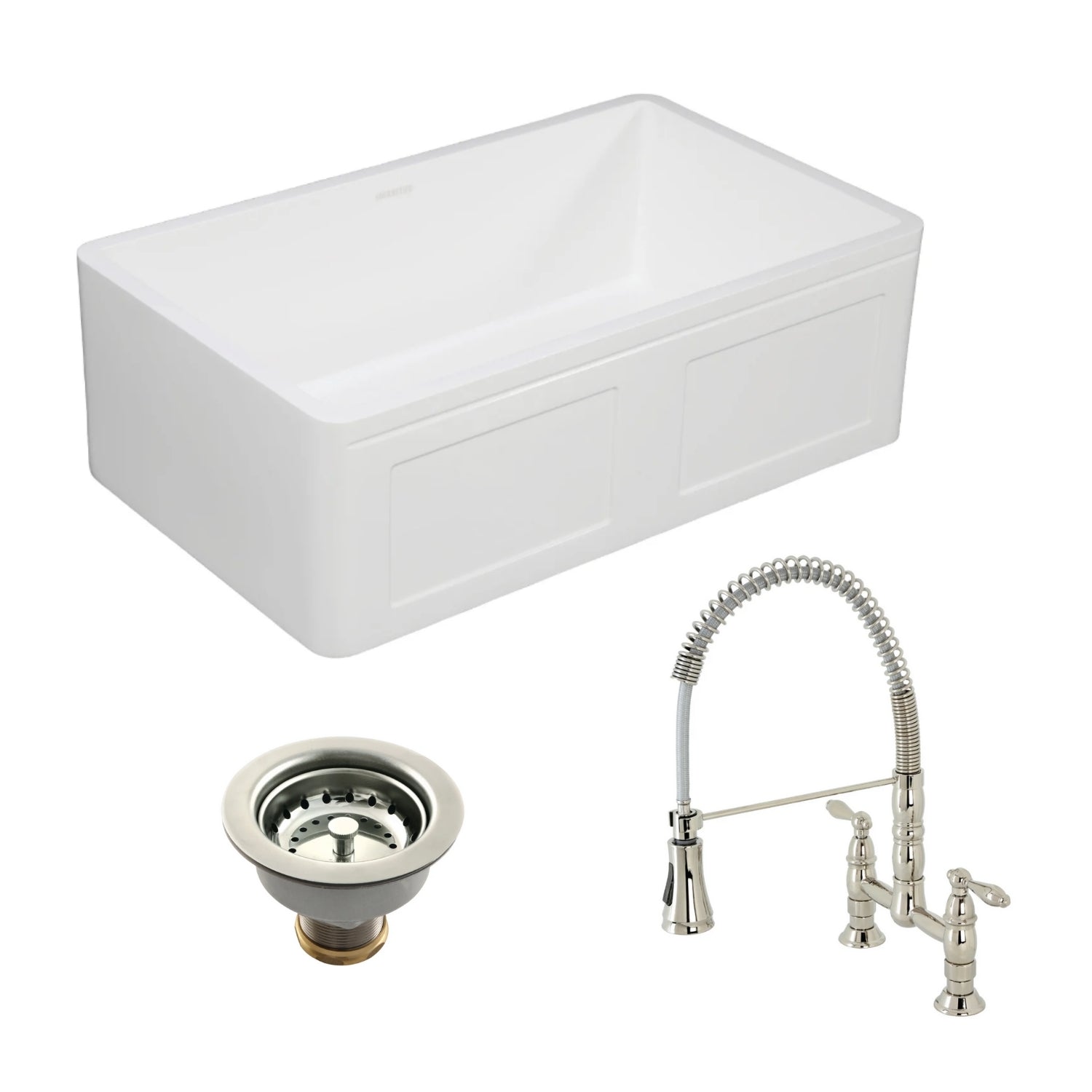 Arcticstone 30 Inch White Farmhouse Kitchen Sink with Deck Mount Faucet & Strainer - Single Bowl Apron Front Sink in Polished Nickel - Perfect for Rustic & Modern Kitchens, Renovations & DIY Projects