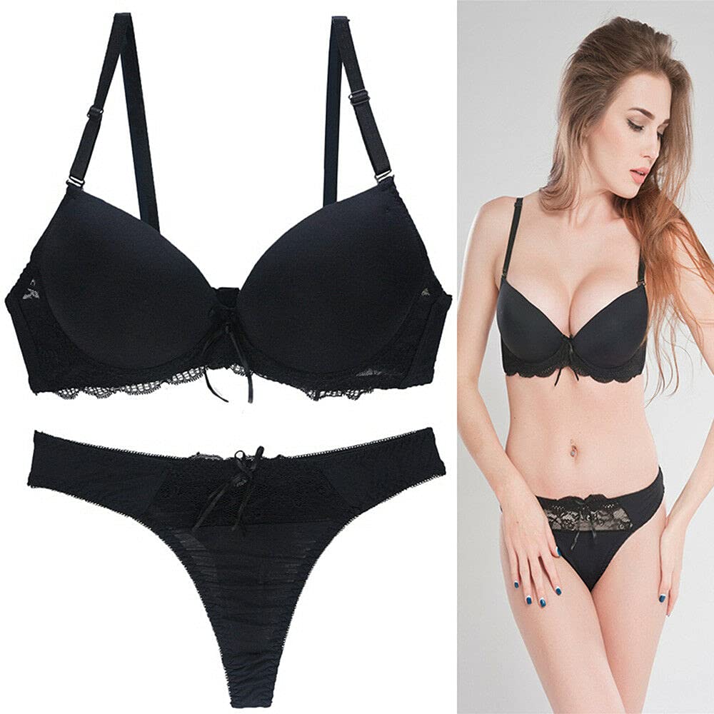 Sexy Lace Lined Plunge Bra & Panty Set for Women - Push Up Underwire Lingerie for Date Night & Special Occasions
