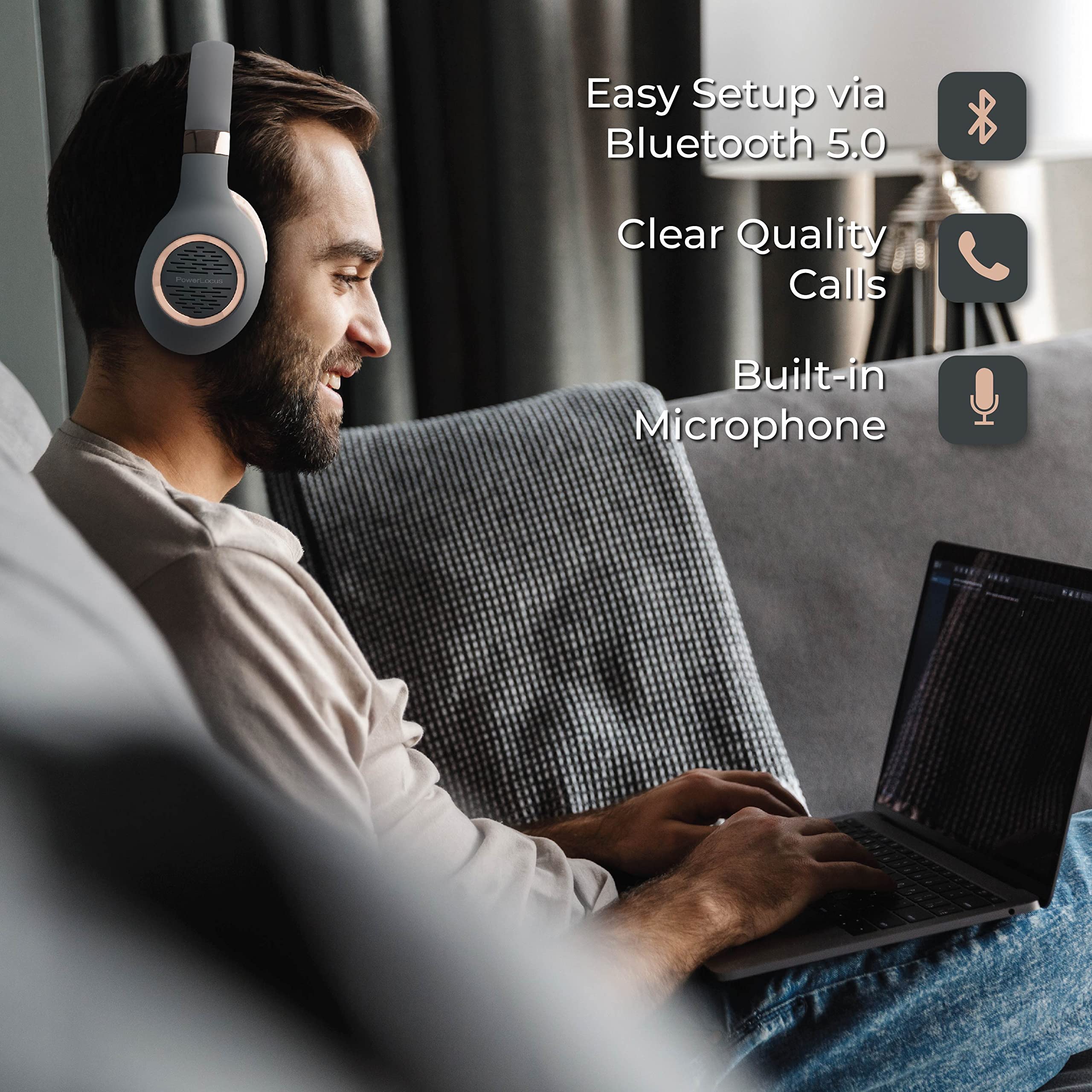 PowerLocus Wireless Bluetooth Over-Ear Headphones with Hi-Fi Stereo & Deep Bass, Foldable Design with Soft Earmuffs & Built-in Mic - for Phone, Tablet, PC (Perfect for Travel, Gaming & Office Work)