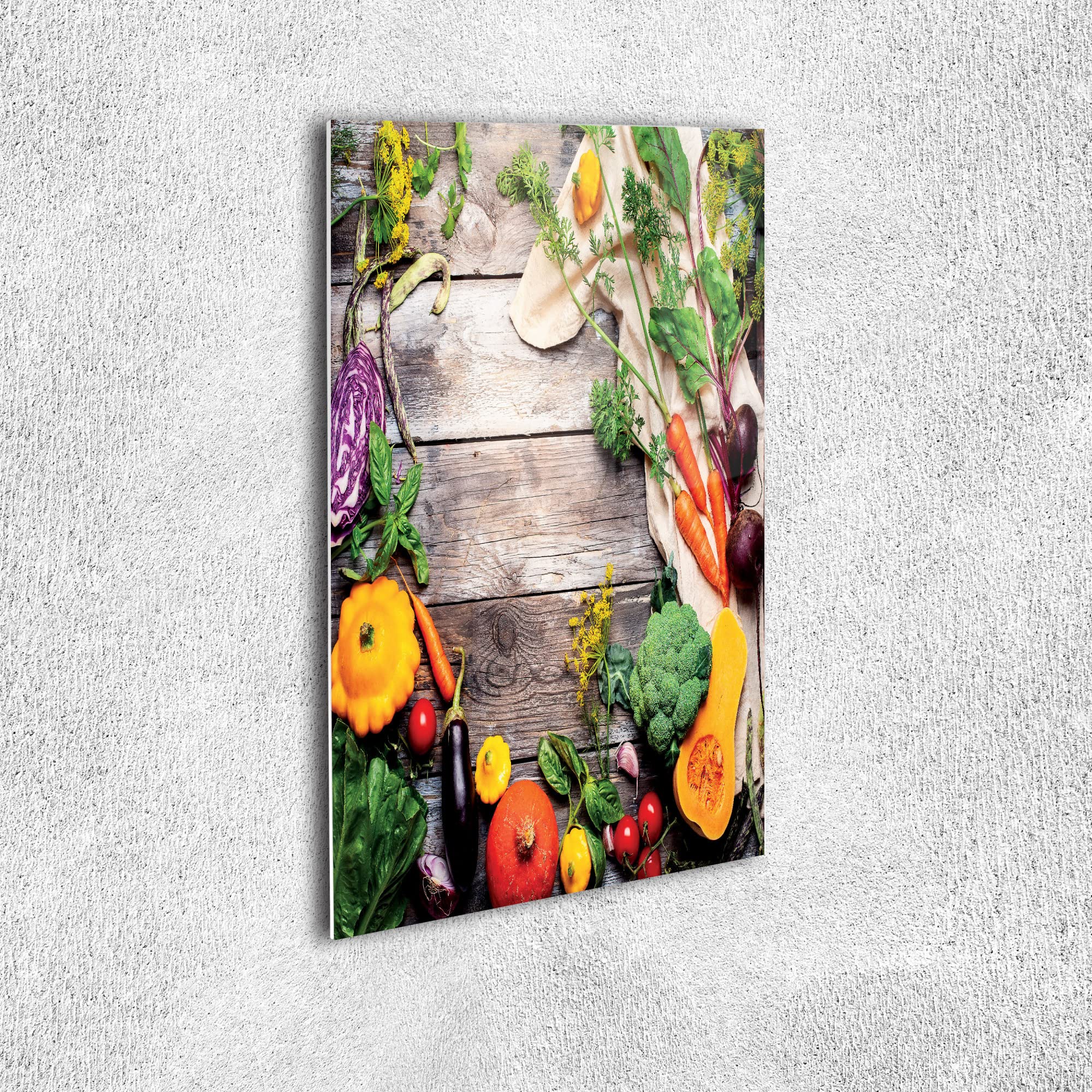 Ambesonne Food Themed Acrylic Glass Wall Art - Vegetables on Rustic Wooden Planks Backdrop, Kitchen & Dining Room Decor, 19