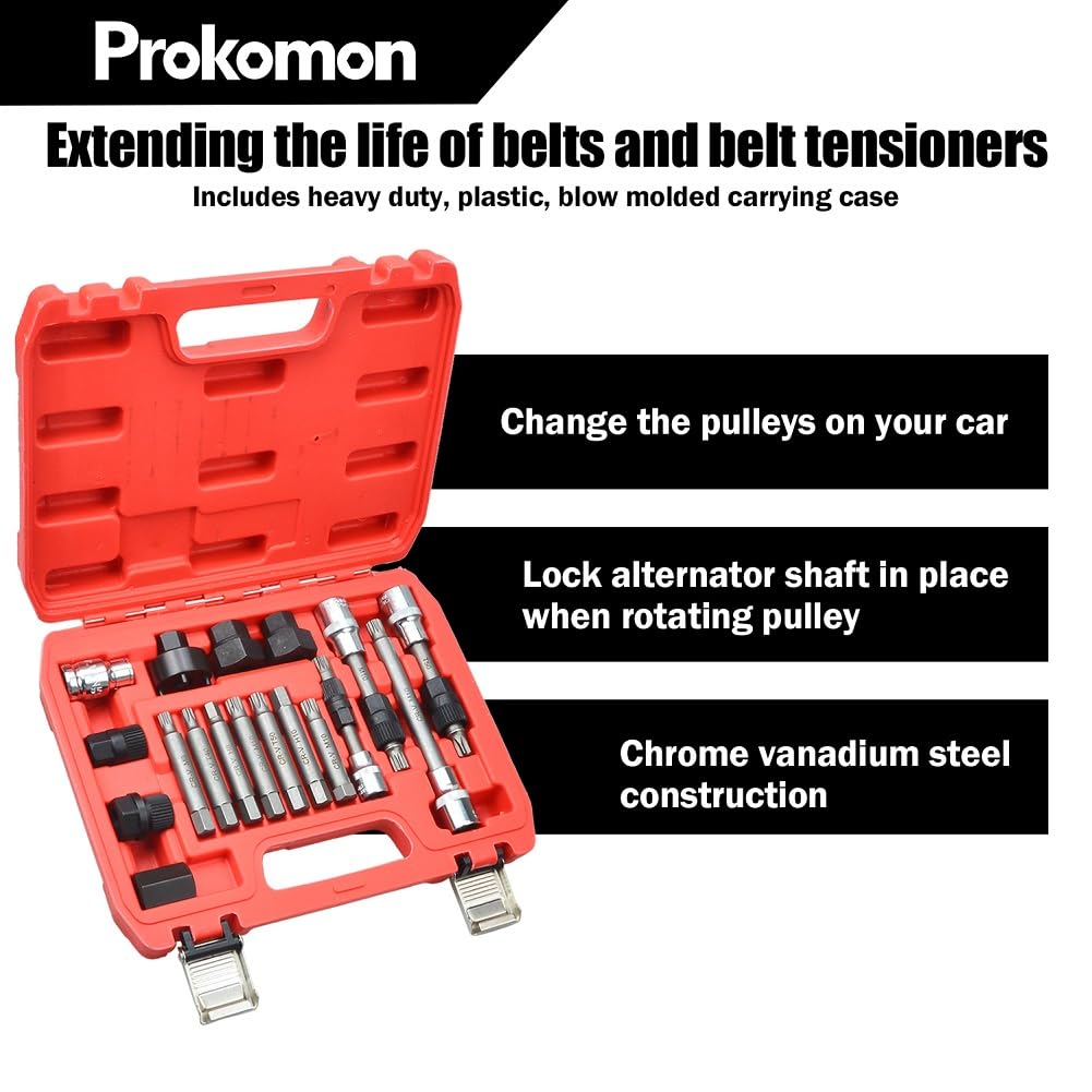 Prokomon 18-Piece Alternator Pulley Tool Kit - Professional Pulley Removal Tool Set with Insert Bit Sockets for Automotive Repair - Perfect for Mechanics & DIY Car Maintenance