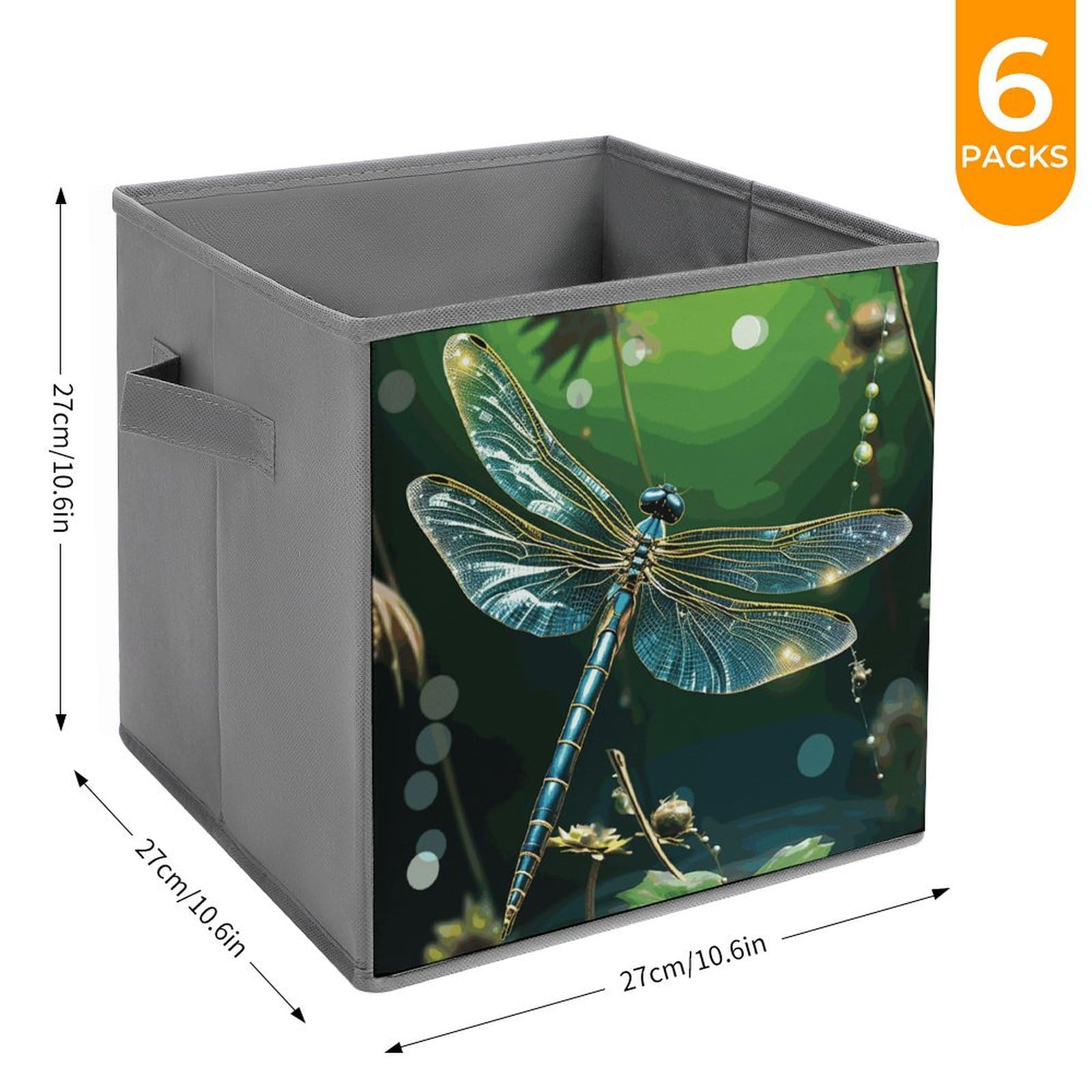 6-Piece Collapsible Storage Bins with Handles - Dragonfly Green Printed Foldable Organizing Baskets for Shelves, Closet, Kitchen & Home Organization - Space Saving Storage Containers for Toys, Books, Laundry & Household Items