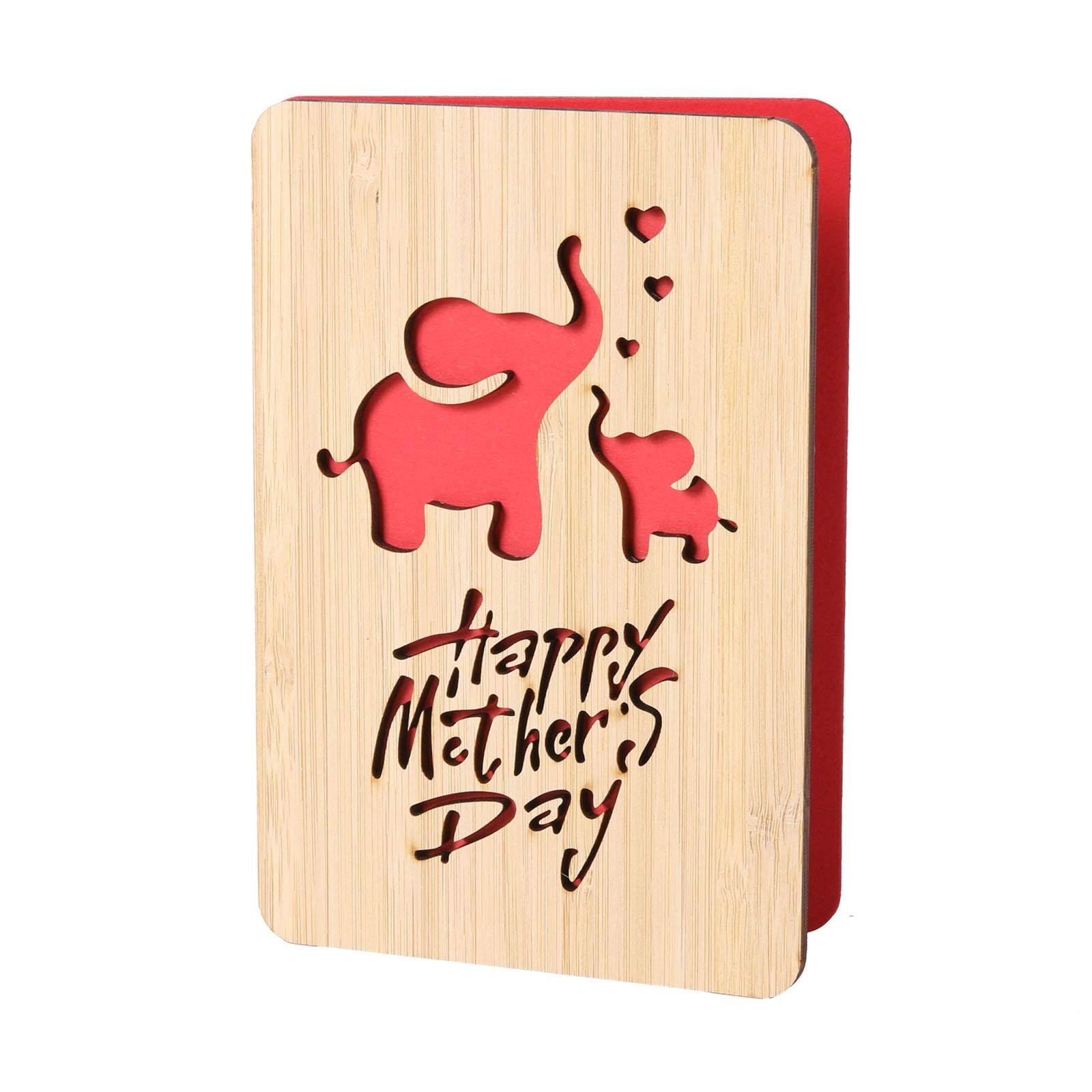 Handmade Bamboo Greeting Cards for Mother's Day - Wooden Thank You & Birthday Cards for Mom - Elephant Pattern Design - Perfect for Mother's Day Gifts, Birthday Presents & Special Occasions