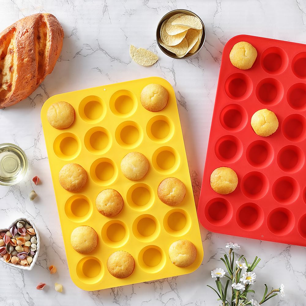 2PCS Non-Stick Silicone Mini Muffin Pan Set - 24-Cavity BPA Free Cupcake Baking Mold for Muffins, Cakes, Tarts & Bread | Dishwasher Safe (Red + Yellow) | Perfect for Home Baking, Party Treats & Holiday Desserts