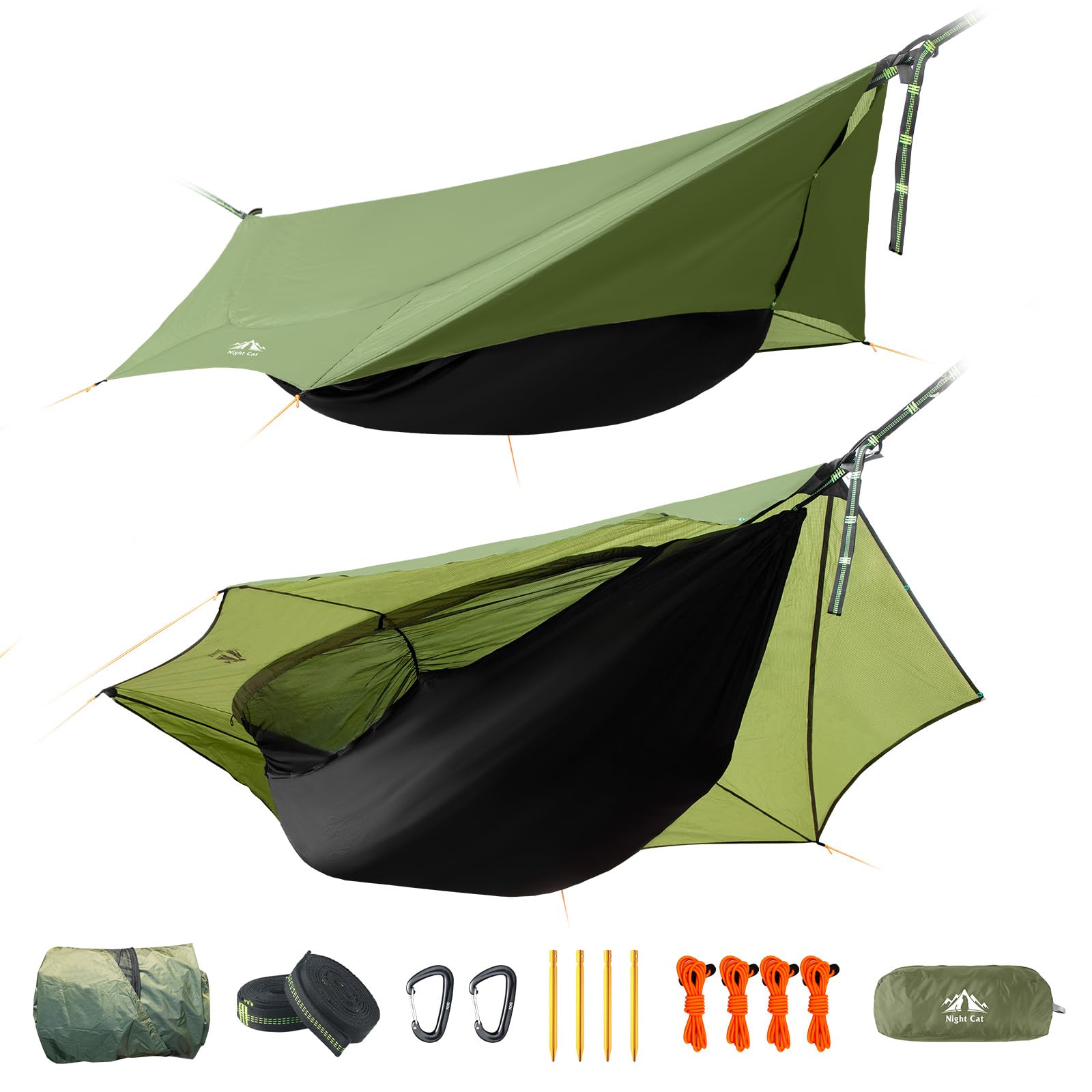 Night Cat Camping Hammock Tent - Lightweight Portable 4-in-1 Hammock with Rain Tarp & Mosquito Net for Hiking, Jungle & Outdoor Adventures | Perfect for Backpacking, Beach Trips & Backyard Relaxation