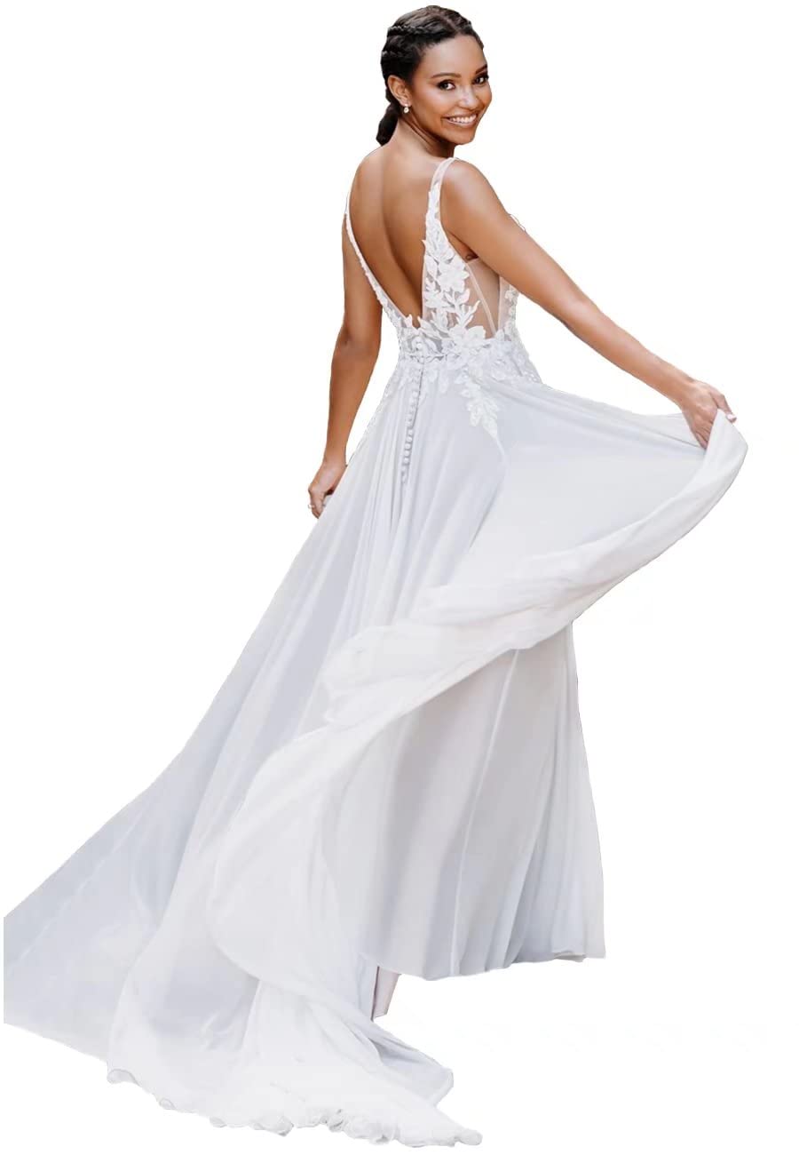 2023 Fair Lady V-Neck Lace Wedding Dress with Beaded Straps - Elegant Bridal Gown for Women | Perfect for Church Ceremonies, Beach Weddings & Formal Receptions