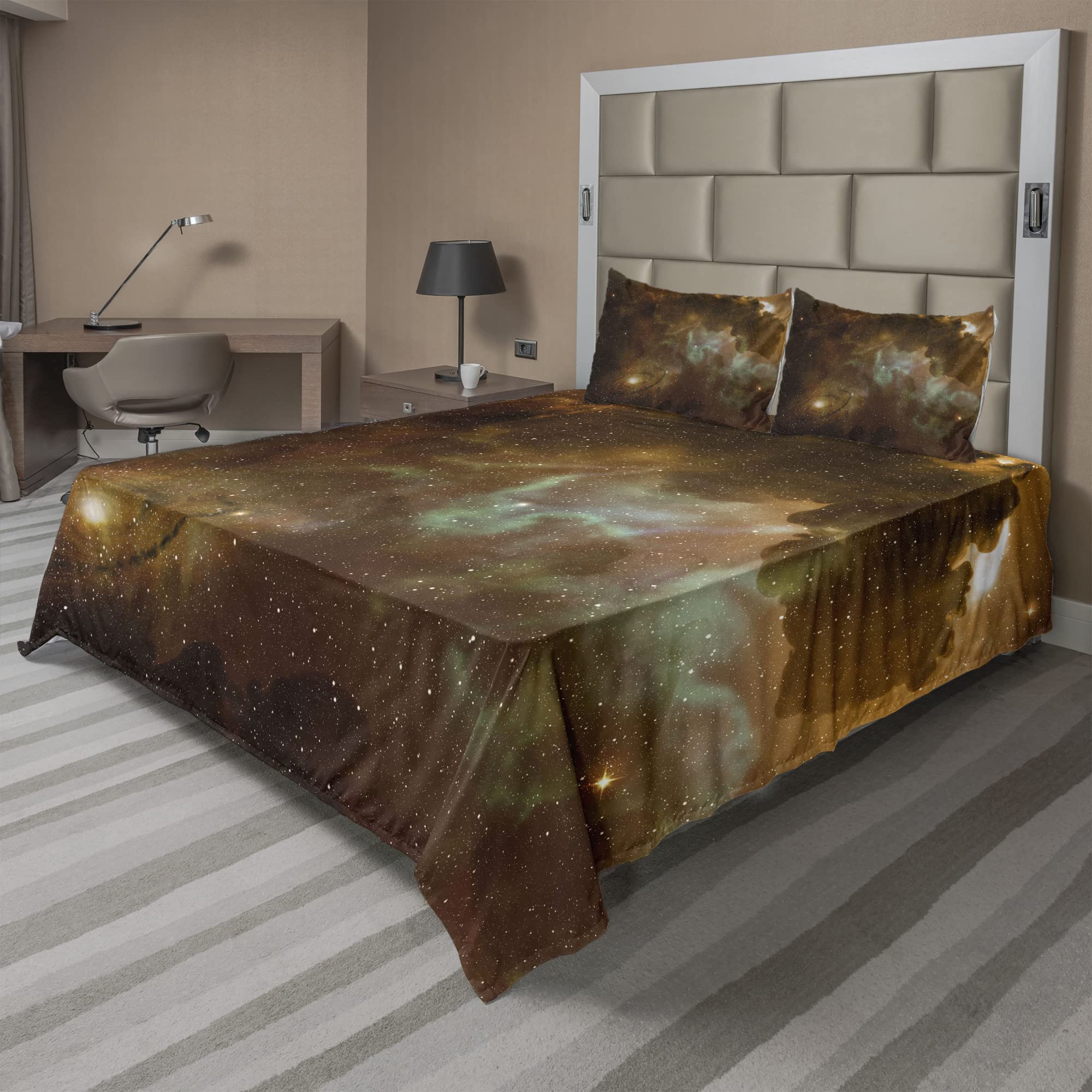 Ambesonne 4-Piece King Size Constellation Sheet Set - Dusty Nebula Spiral Galaxy Print, Fitted & Flat Sheets with Pillowcases, Pale Coffee Mint Green | Space Themed Bedding for Astronomy Lovers & Kids Room Decor