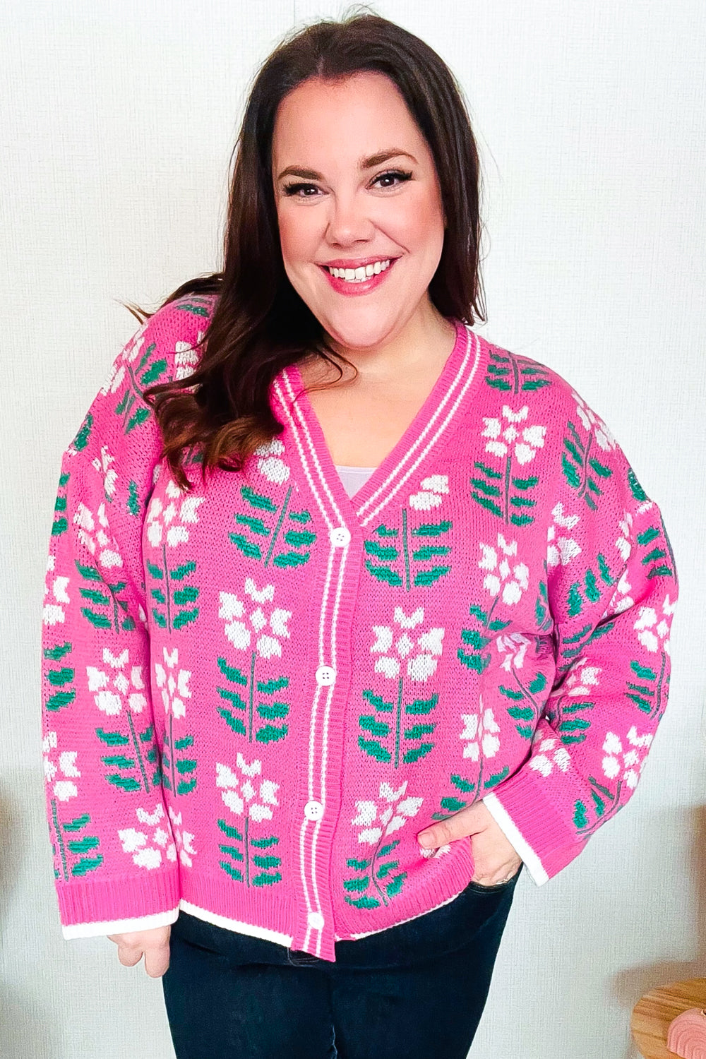 All For Love Fuchsia Flower Print Button Down Knit Cardigan for Women - Soft Casual Long Sleeve Open Front Sweater for Spring, Fall & Winter (Office, Date Night, Weekend Outfits)