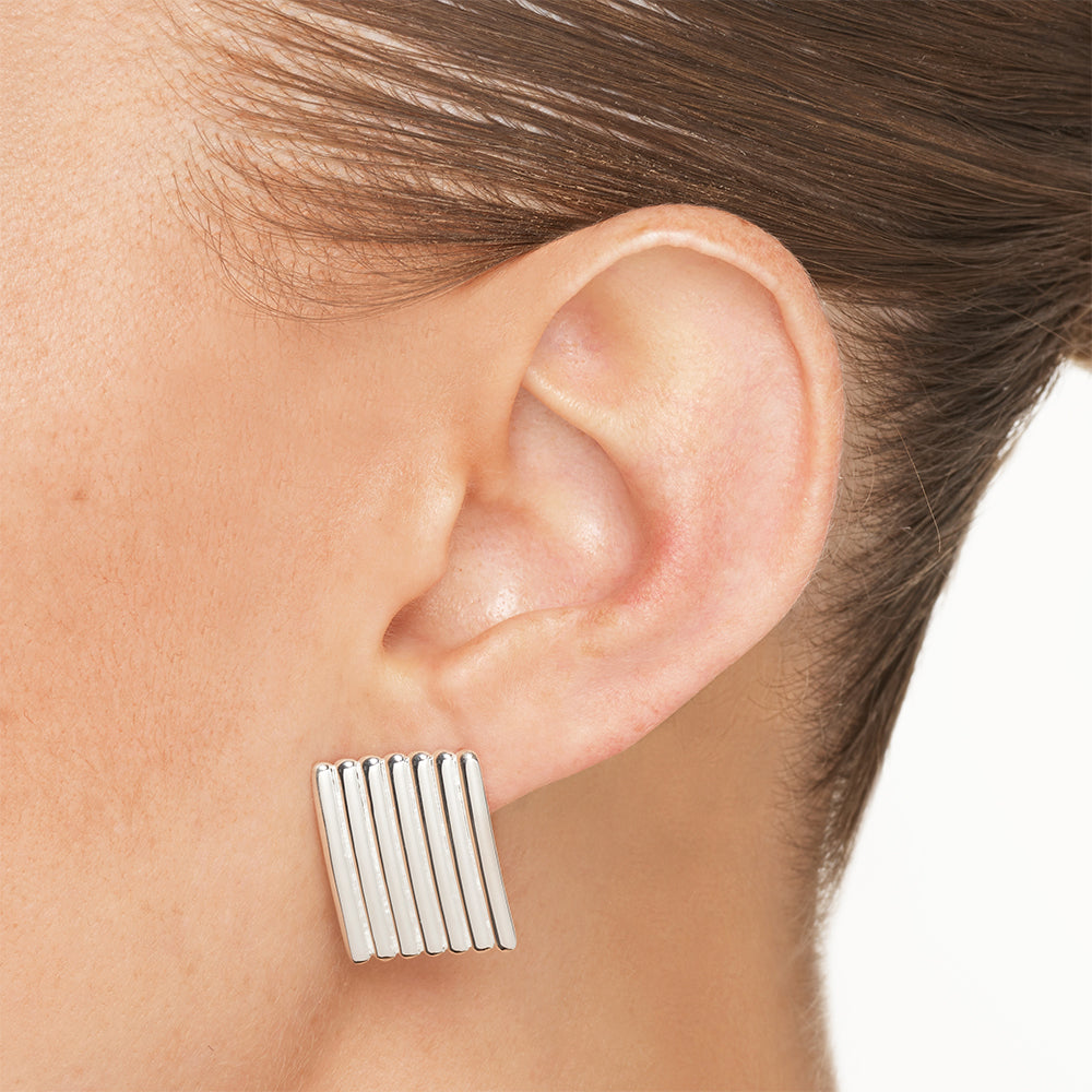 Silver Ribbed Square Stud Earrings for Women - Minimalist Geometric Jewelry for Everyday Wear & Gift Giving