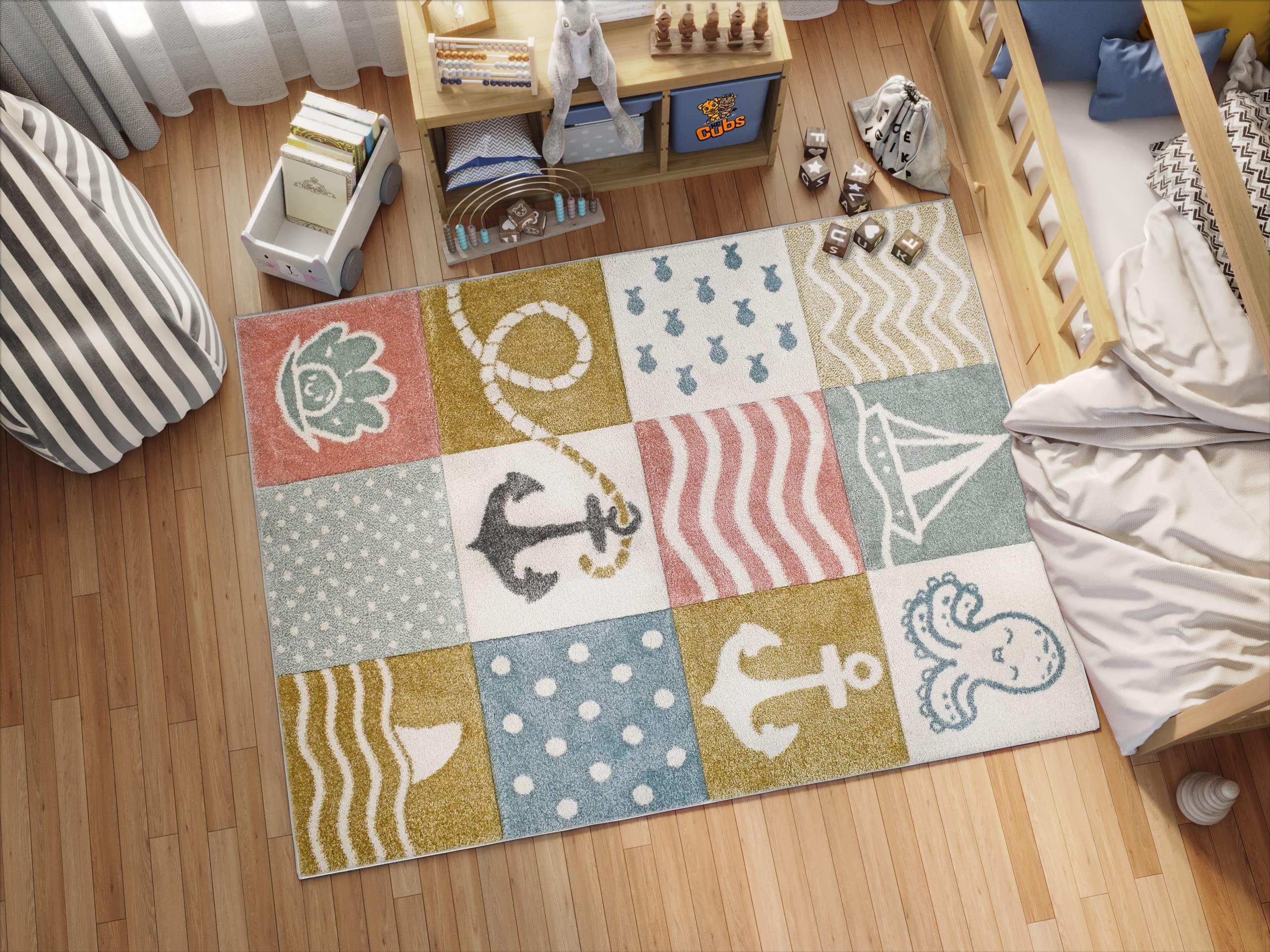 KC Cubs Modern Kids Area Rug - Colorful Nautical Ocean Themed Carpet for Boys & Girls, Nursery, Toddler Room - Soft & Durable Floor Decor for Playroom, Bedroom, Daycare