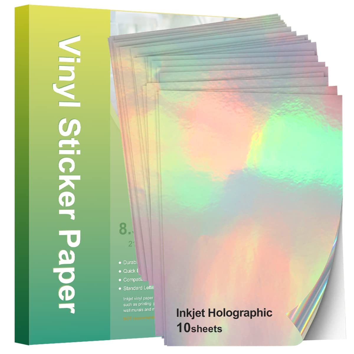 Holographic Printable Vinyl Sticker Paper for Cricut - Glossy Self-Adhesive Decal Paper for Crafts - Tear Resistant, Quick Drying A4 Sheets (10 Pack) - Compatible with Epson, HP, Canon, Sawgrass Inkjet Printers - Perfect for DIY Labels, Scrapbooking & Home Decor Projects