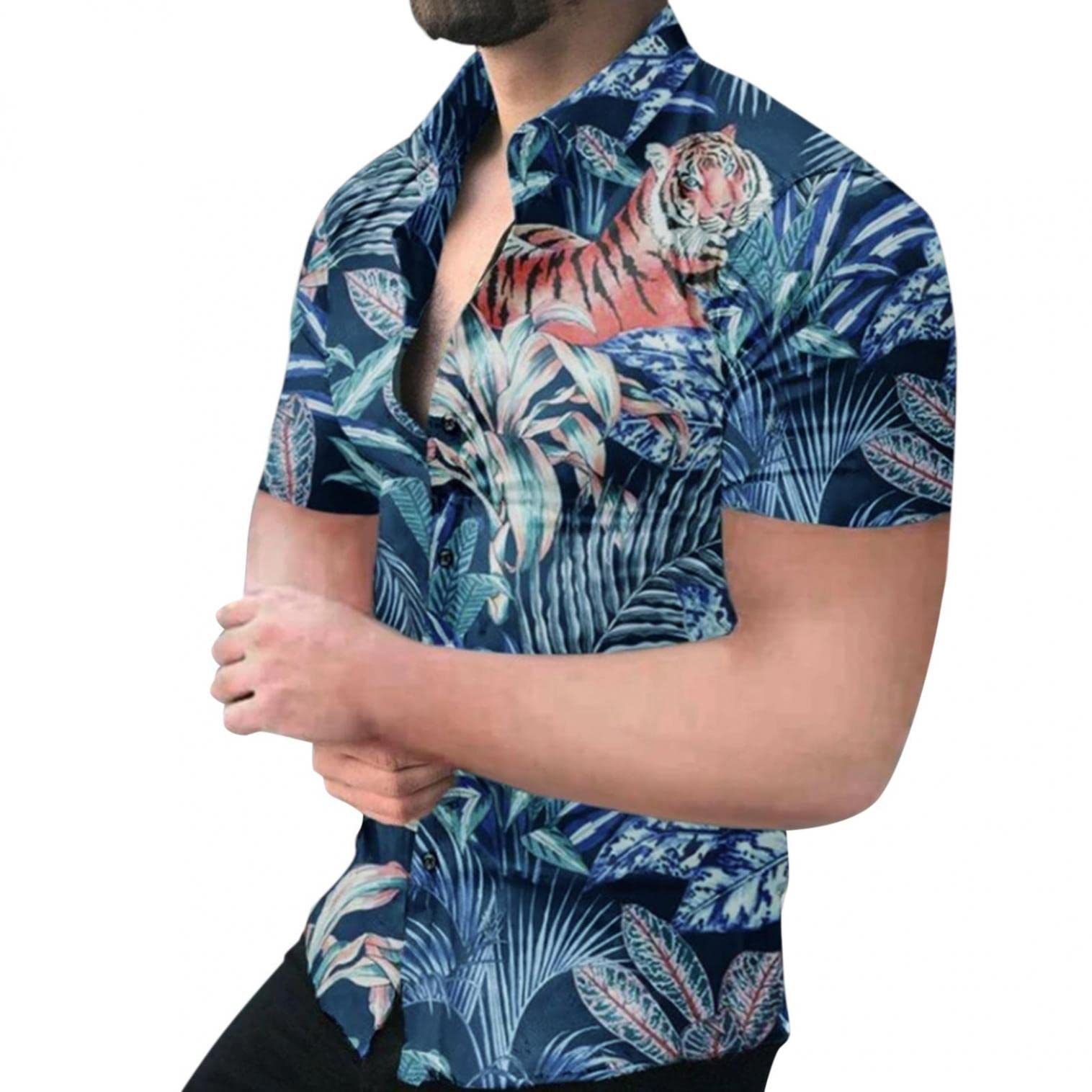 Men's Short Sleeve Hawaiian Shirt - Breathable Button Down Dress Shirt for Business Casual & Vacation - Tropical Print Regular Fit Shirt for Beach, Party & Summer Outings