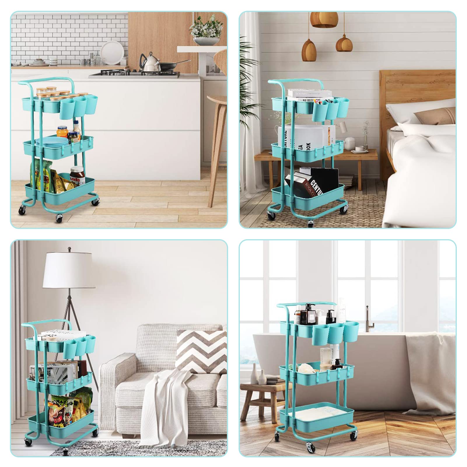 ALVOROG 3-Tier Rolling Utility Cart with Wheels - Multifunctional Mobile Storage Organizer with Hanging Cups for Kitchen, Office, Coffee Bar, Salon & Dorm Room - Blue Service Cart for Easy Organization & Transport